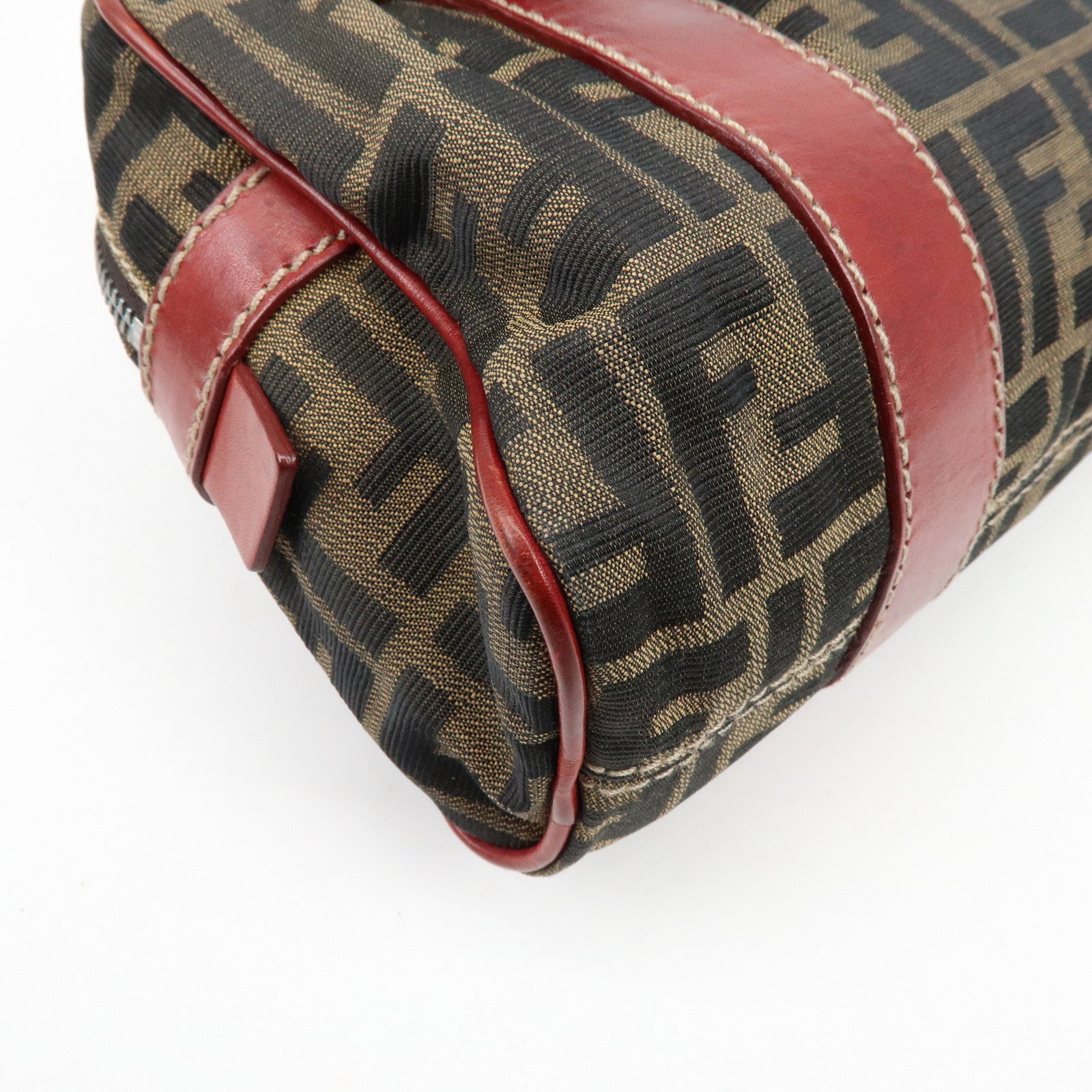 FENDI Zucca Canvas Leather Mini Boston Hand Bag Brown Red 8BR119