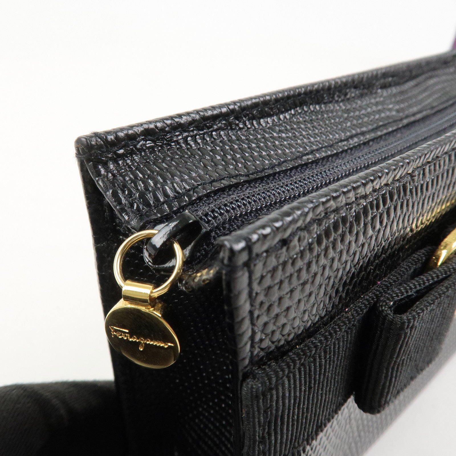 Ferragamo Set Of 2 Leather Nylon Pouch Black Purple Gold