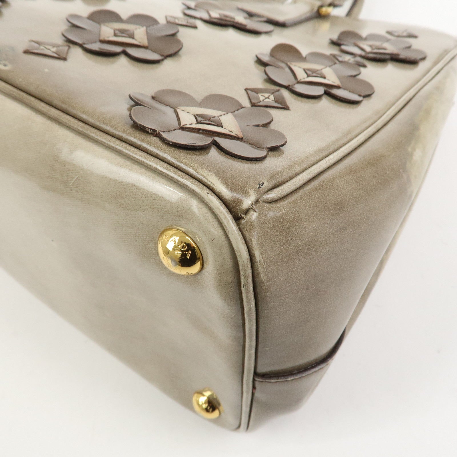 PRADA Patent Leather Flower Galleria 2Way Tote Bag Greige BB2274F