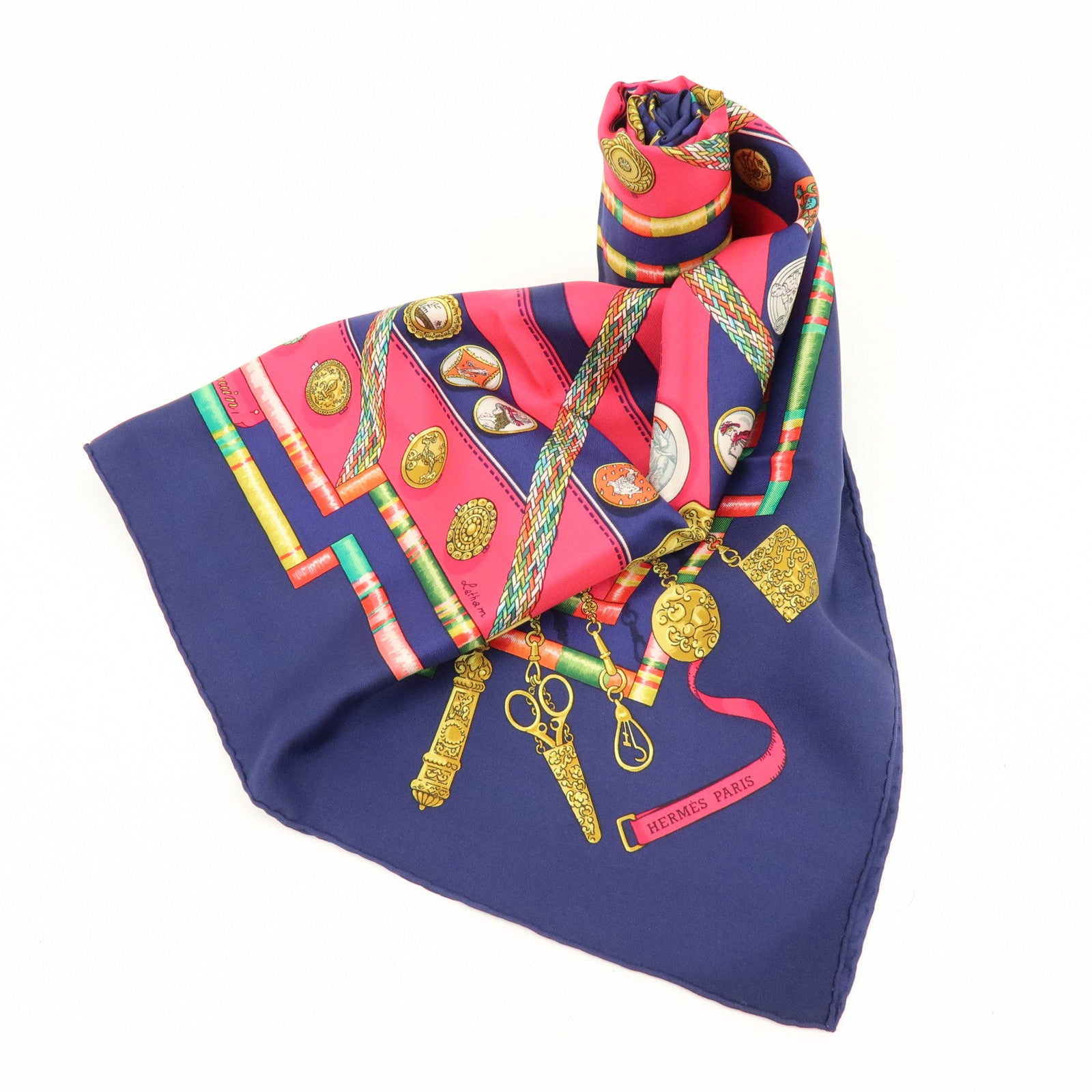 HERMES Carre 90 Silk 100% Petite Main Scarf Navy Pink Multicolor