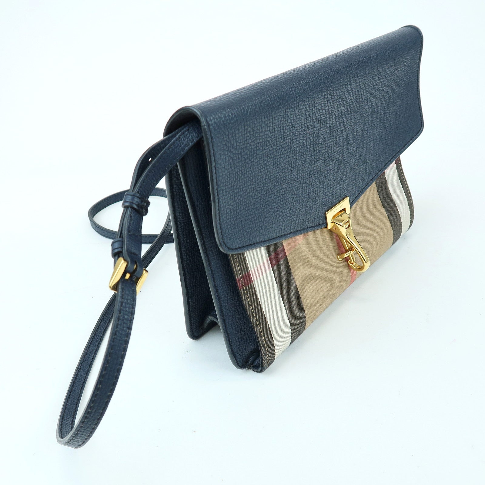 BURBERRY Nova Plaid Canvas Leather Shoulder Bag Beige Navy