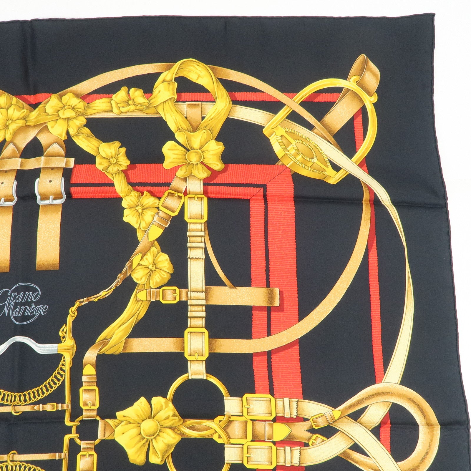 HERME Carre 90 Silk 100% Scarf Grand Manege Black Yellow