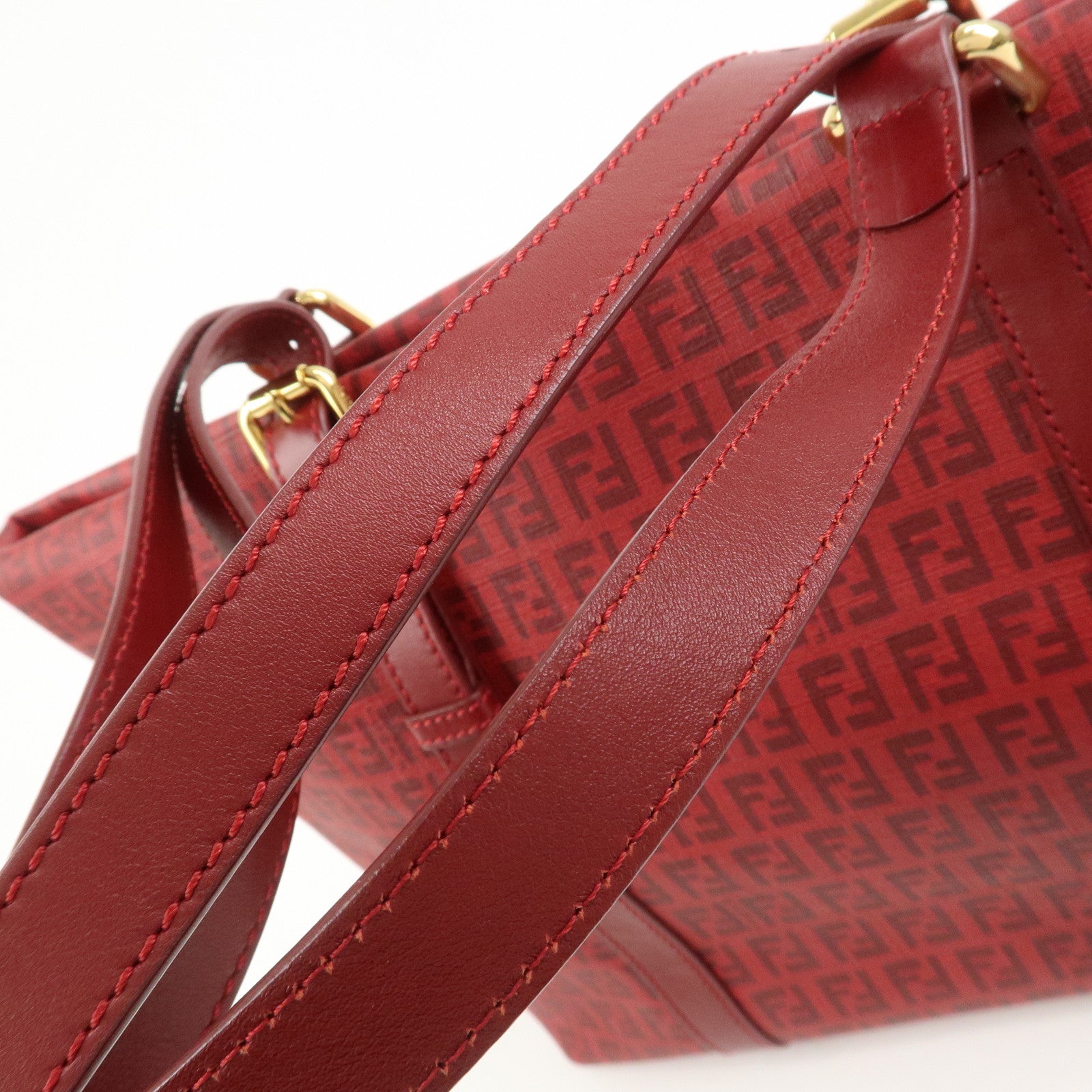 FENDI Zucchino PVC Leather Tote Bag Shoulder Bag Red Gold 8BH215