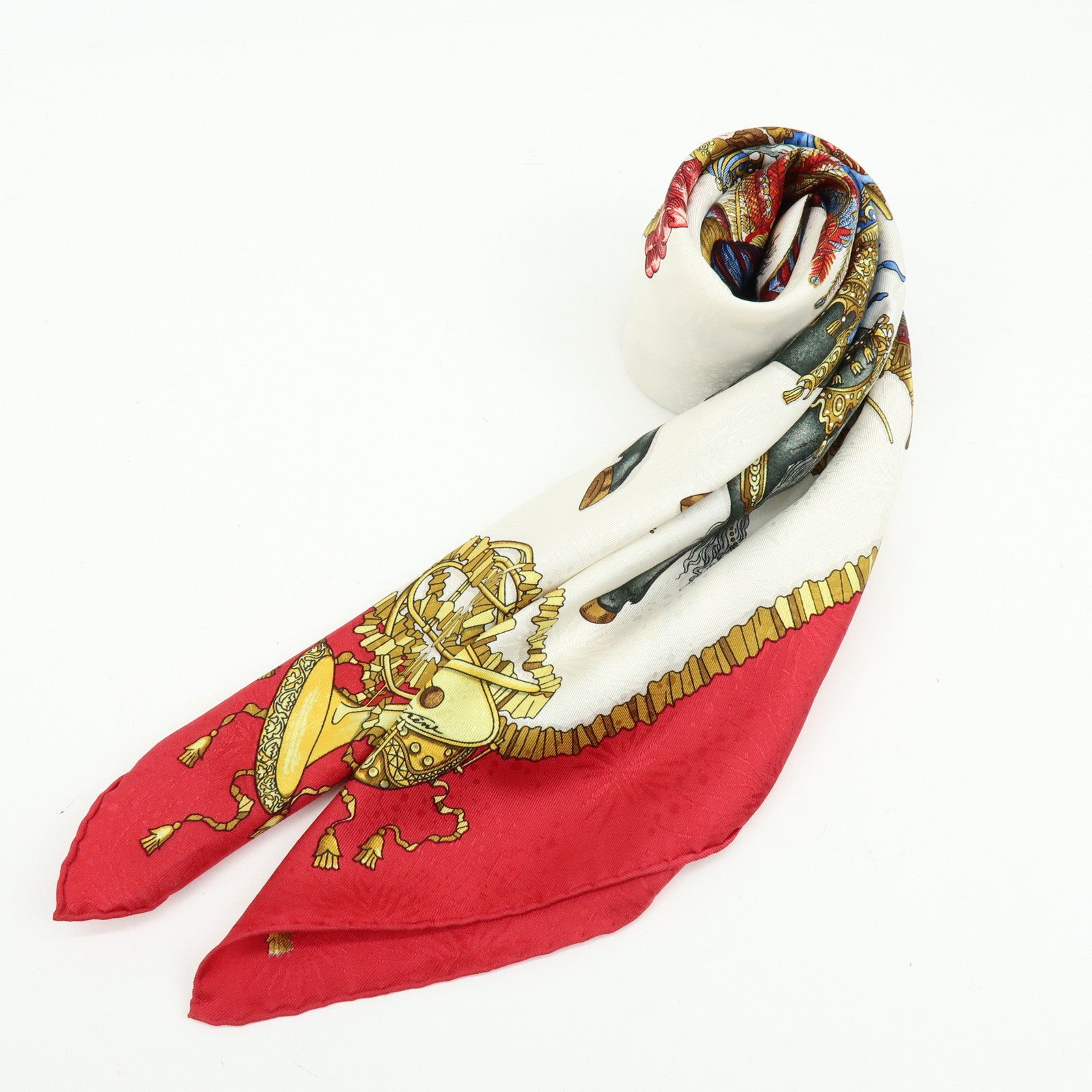 HERMES Carre 90 Silk 100% Scarf LES FERES DU ROI SOLEIL Red Gold