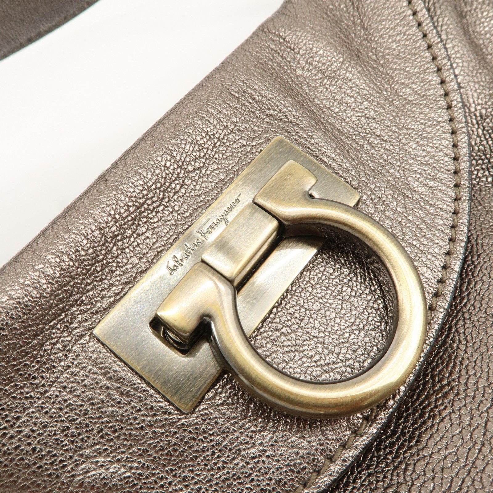 Ferragamo Gancini Leather Shoulder Bag Hand Bag Metallic Gray