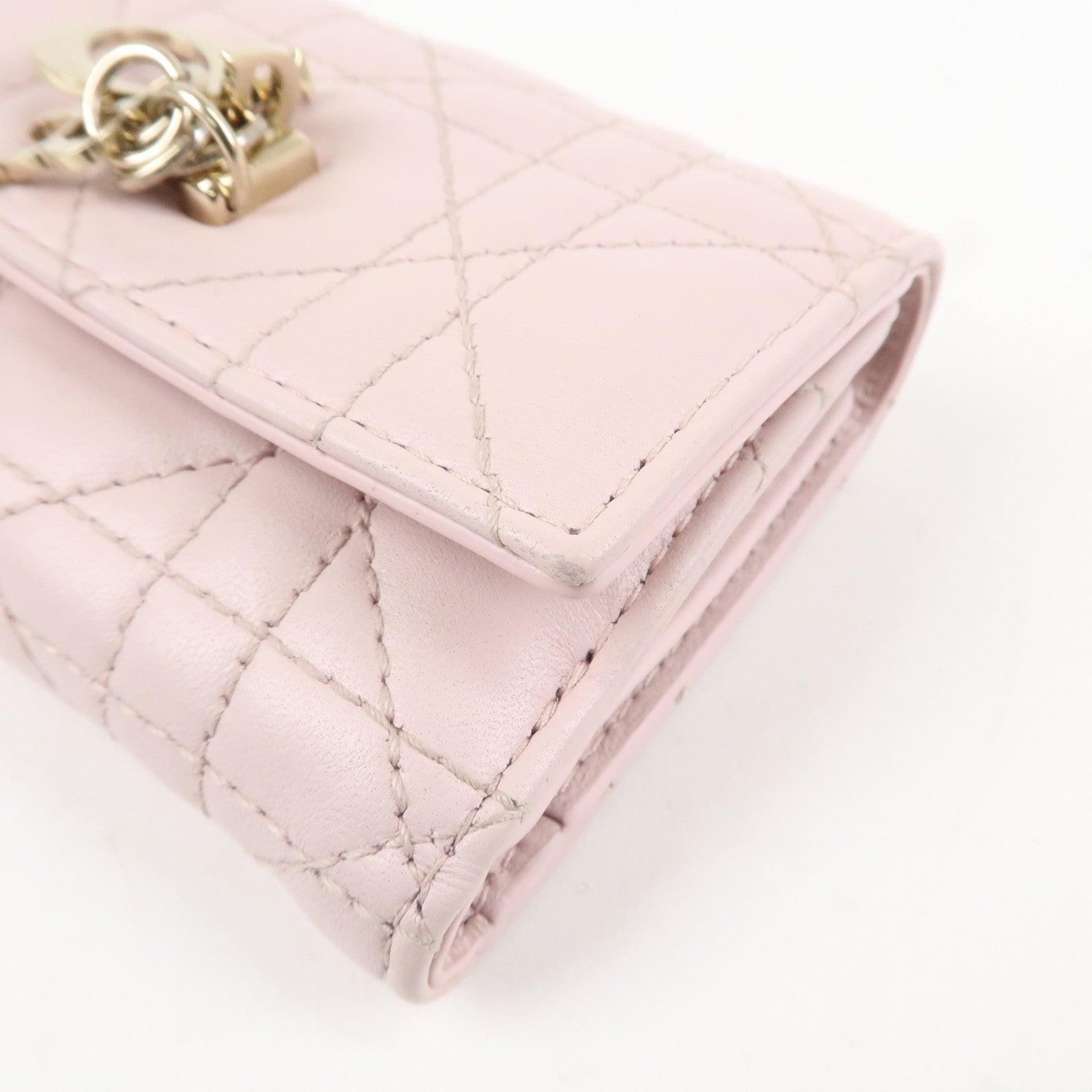 Christian Dior Cannage Leather Compact Wallet Pink Used
