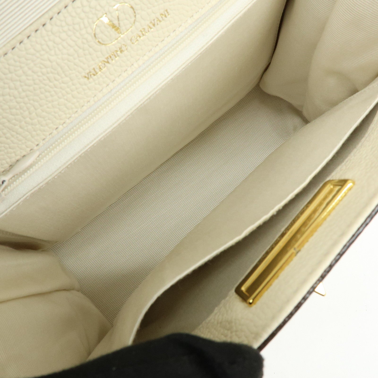VALENTINO GARAVANI V Logo Leather Hand Bag Ivory