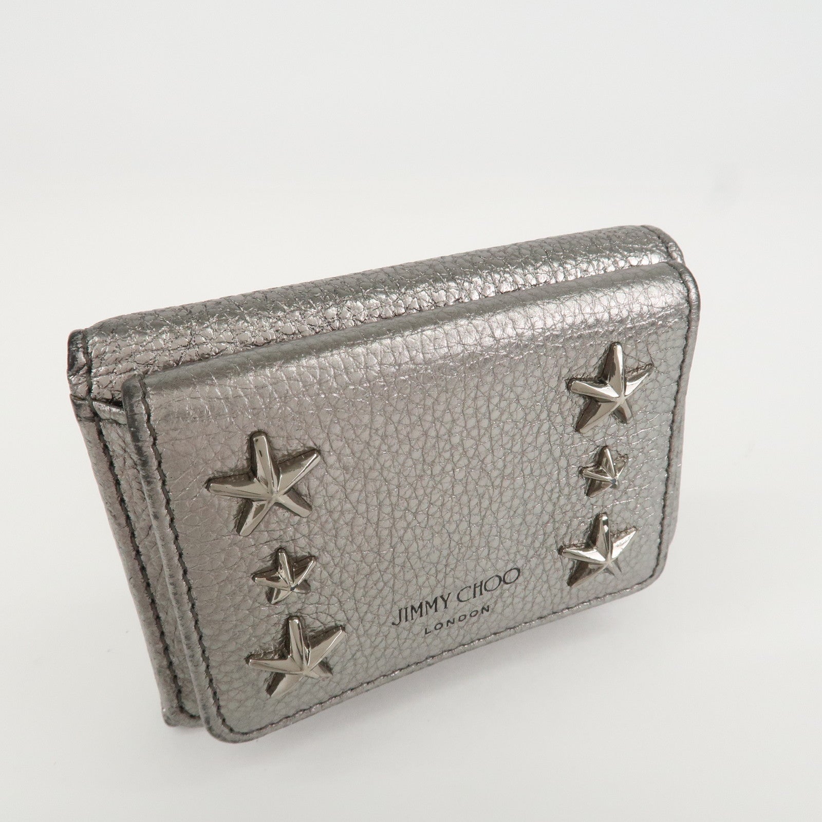 JIMMY CHOO 202 NEMO Studs Leather Compact Wallet Silver Used