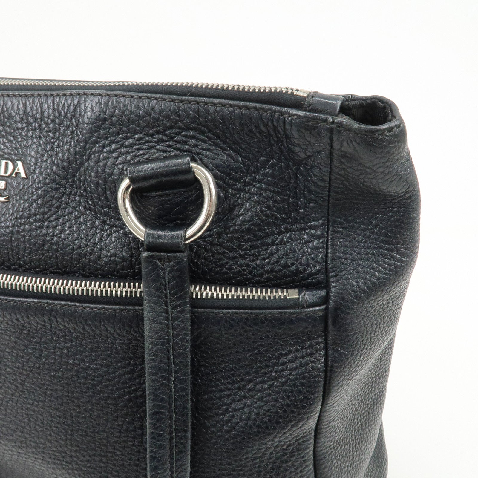 PRADA Logo Leather Shoulder Bag Hand Bag Tote Bag Black