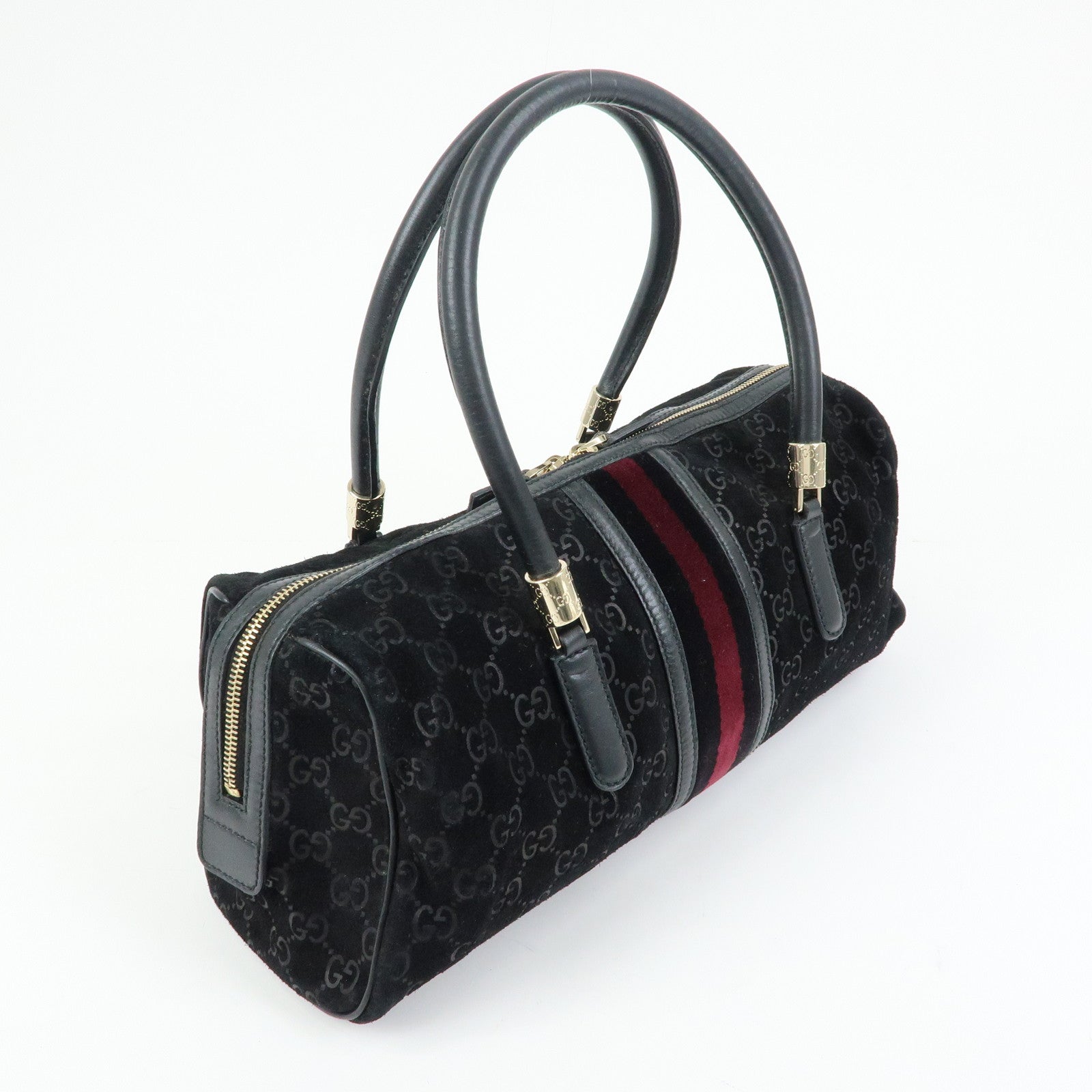GUCCI GG Suede Leather Boston Bag Hand Bag Black Bordeaux 162739