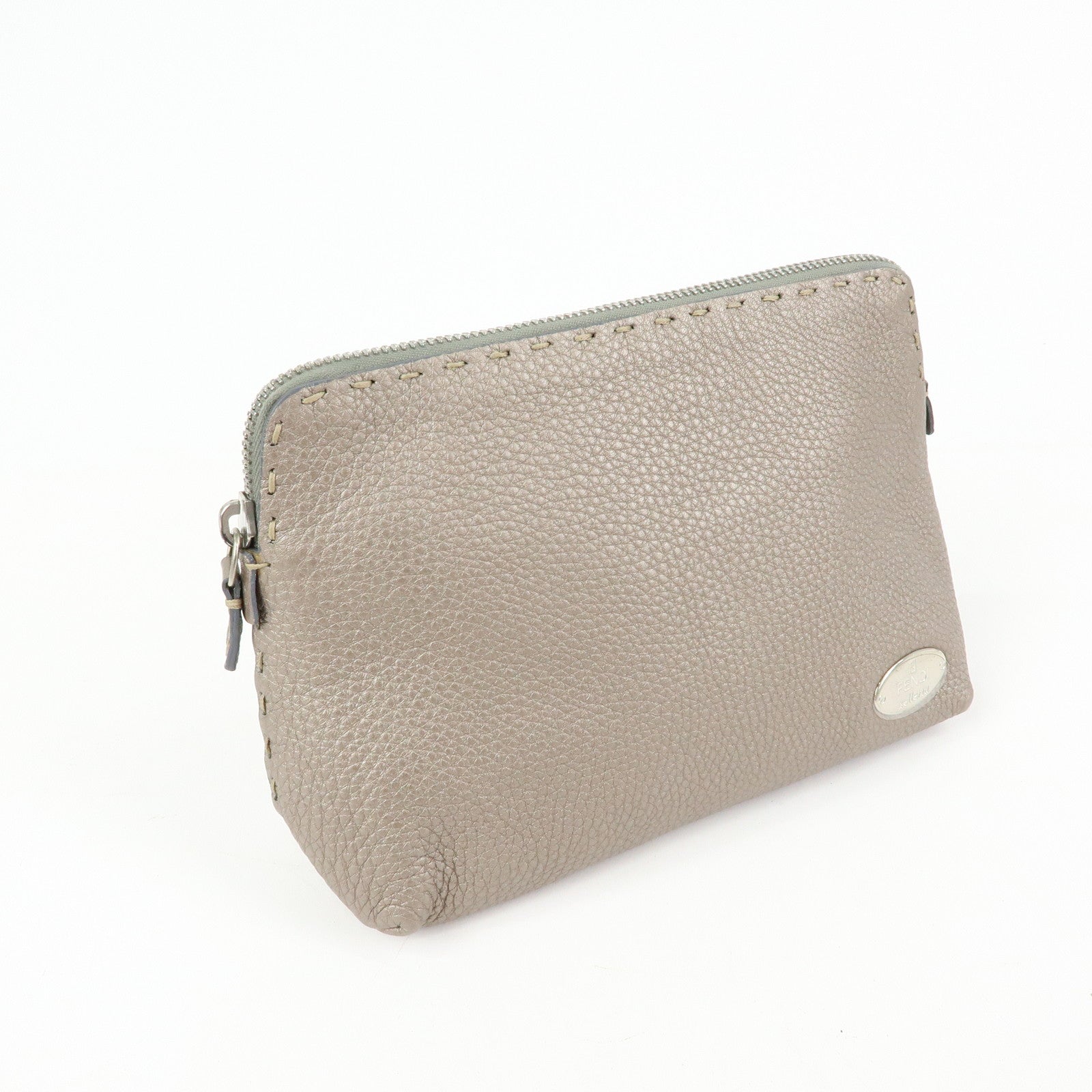 FENDI Selleria Leather Pouch Cosmetic Pouch Gray