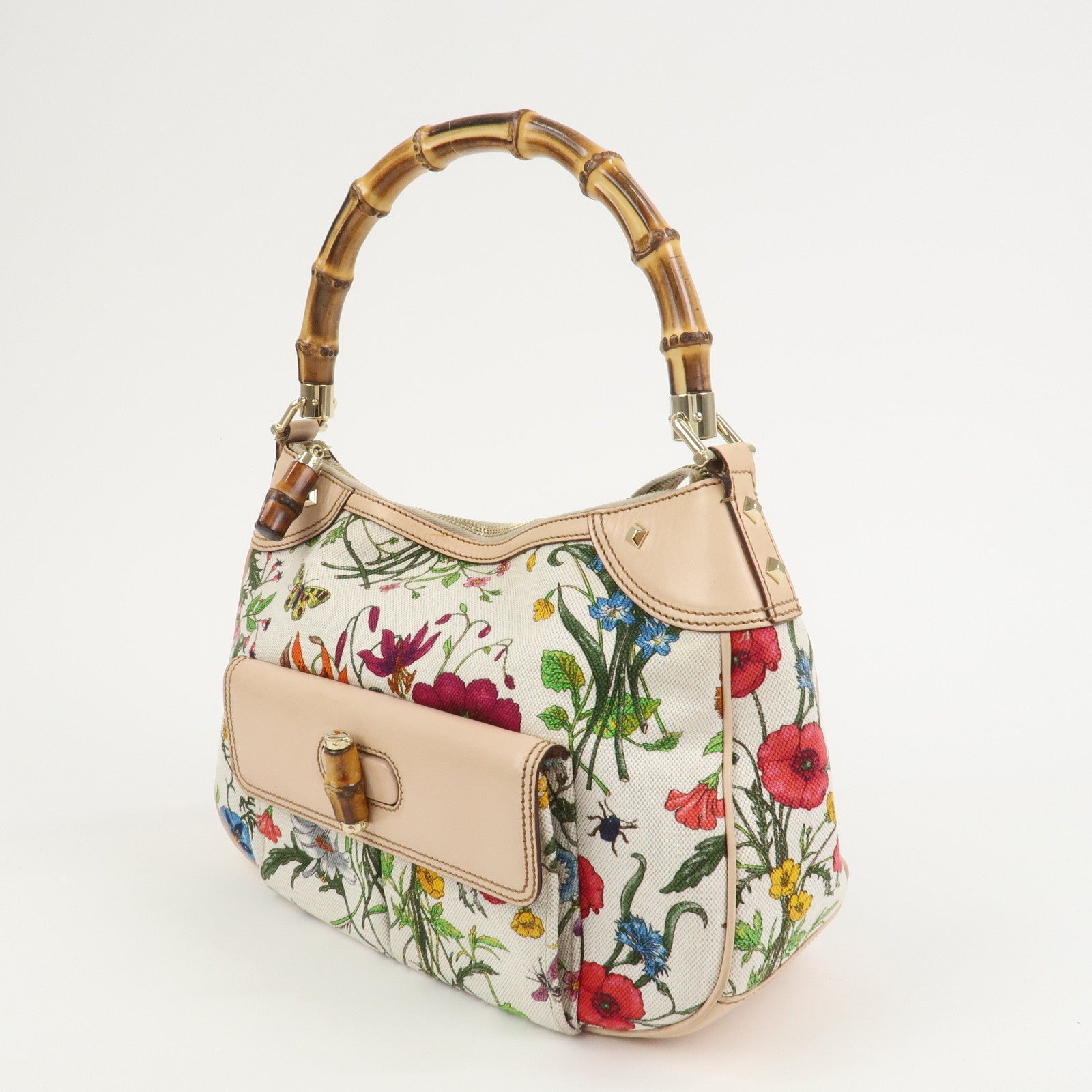 GUCCI Bamboo Canvas Leather Shoulder Bag Flora Ivory Pink 137383