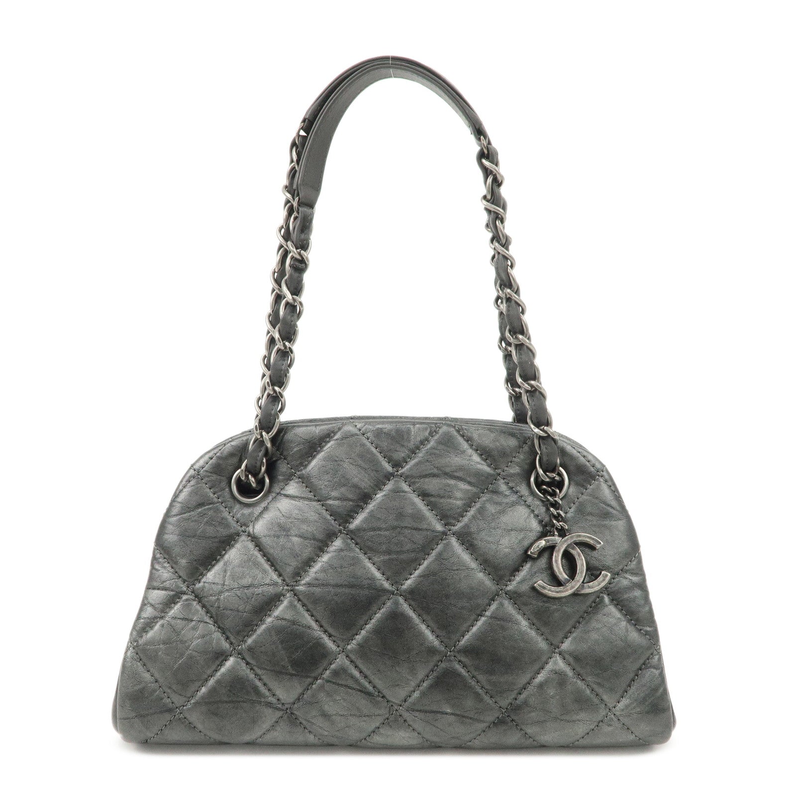 CHANEL Matelasse Leather Mademoiselle Chain Shoulder Bag Gray Silver Used