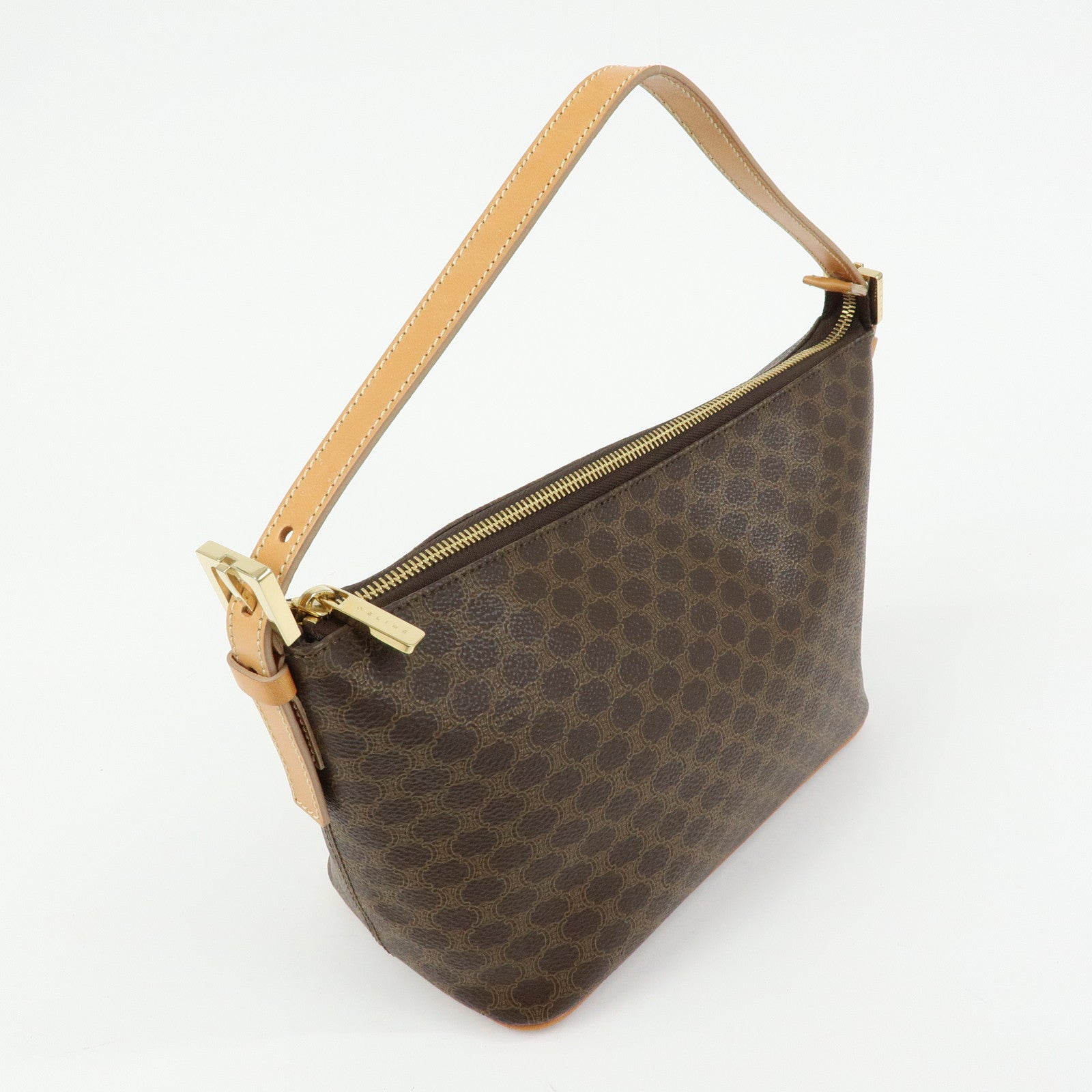 CELINE Macadam PVC Coated Canvas Leather Hand Bag Brown Beige
