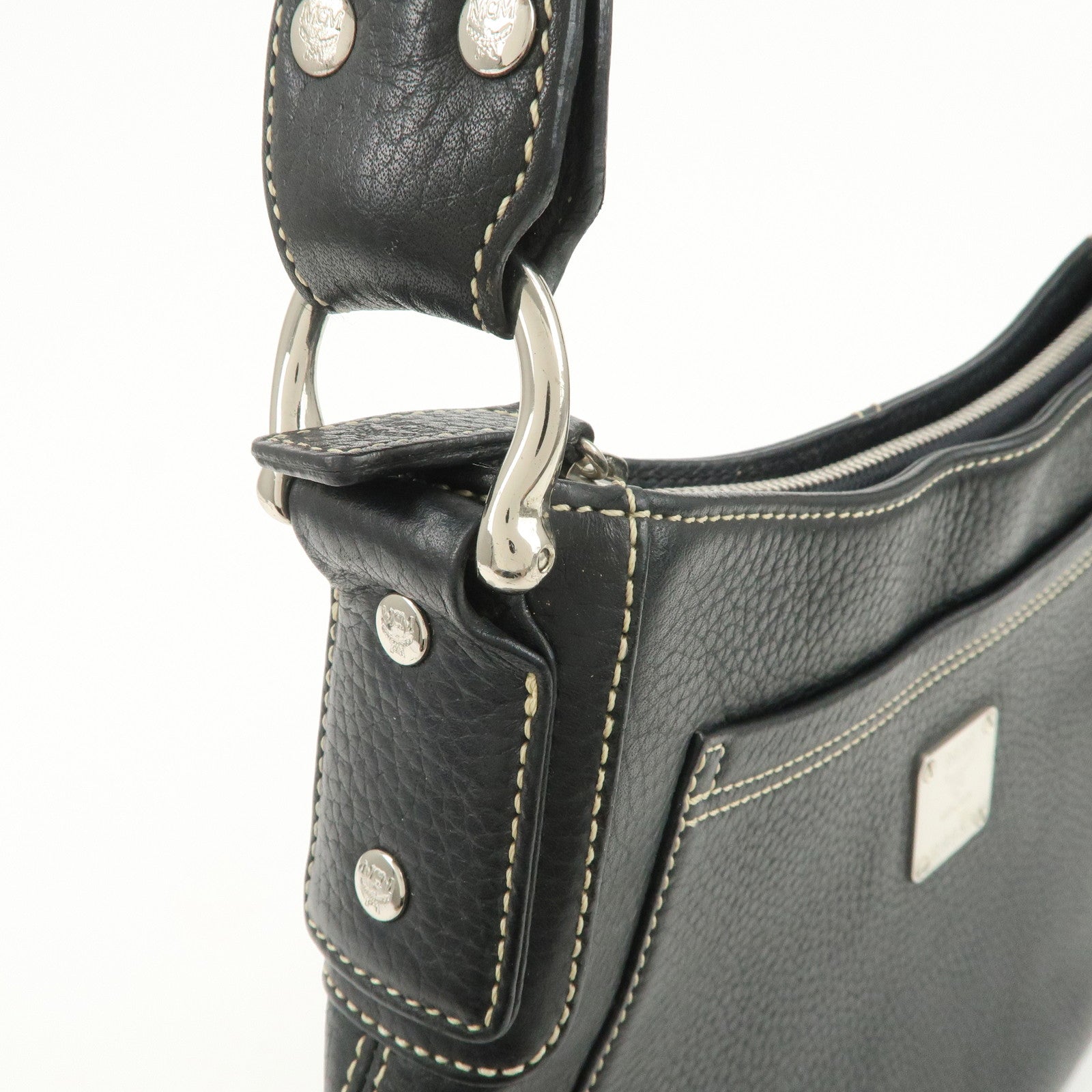 MCM Logo Plate Leather Shoulder Bag Hand Bag Black