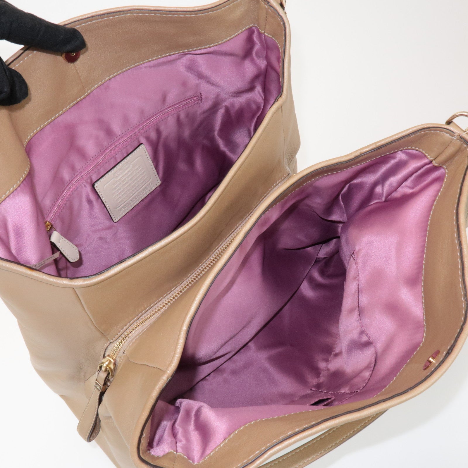 COACH Op Art Satin Leather Shoulder Bag Hand Bag Gold Beige