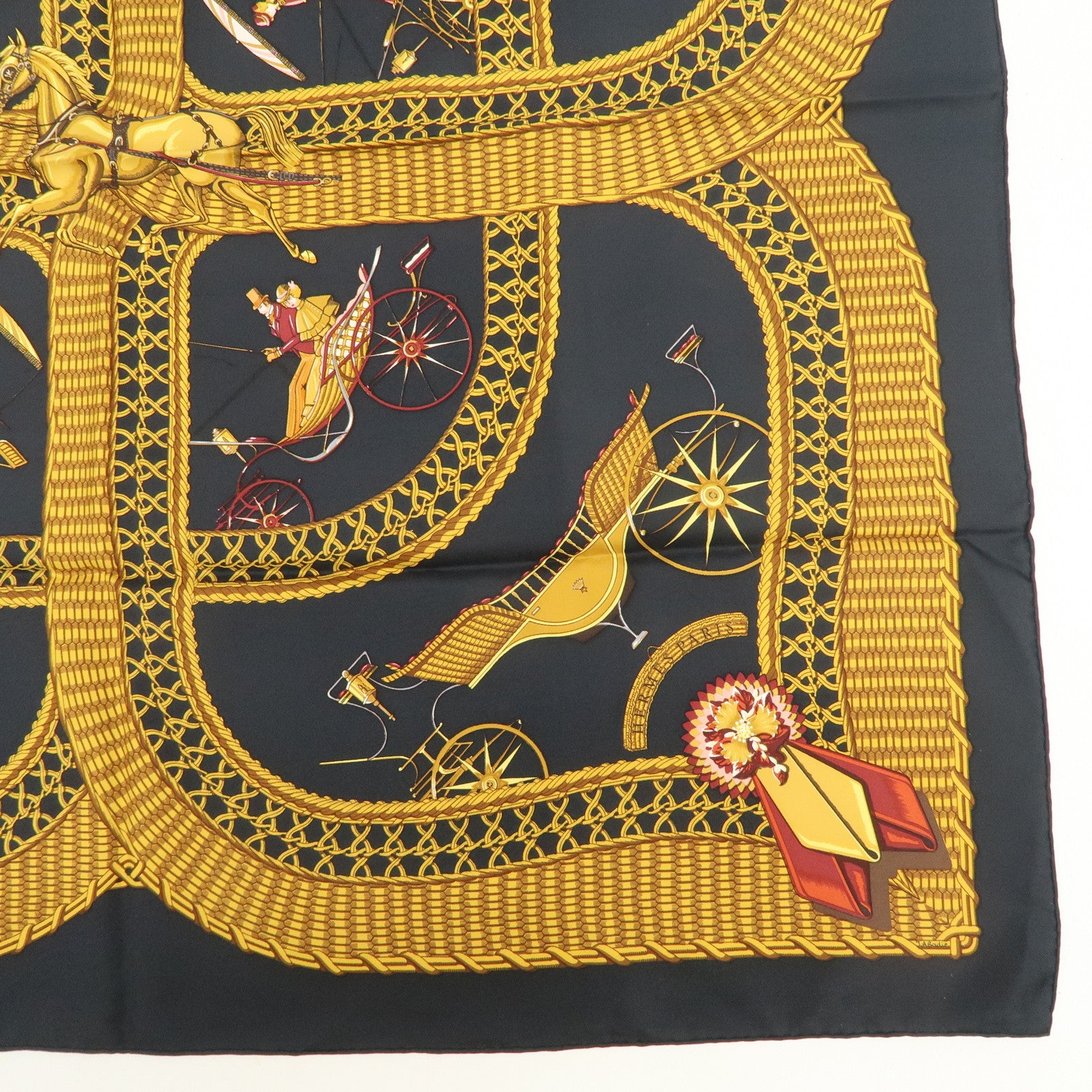 HERMES Carre 90 Silk 100% Scarf GRAND APPARAT Black Gold Used