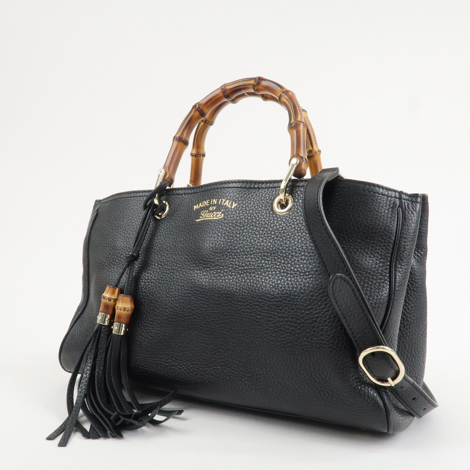 GUCCI Bamboo Leather 2WAY Shopper Medium Tote Bag Black 323660