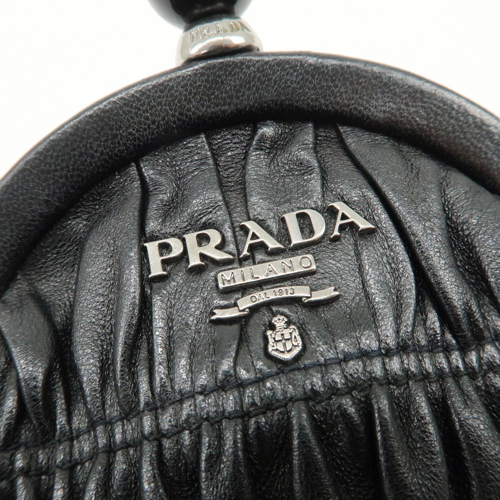 PRADA Logo Gathered Leather Pouch Compact Wallet Coin Case Black
