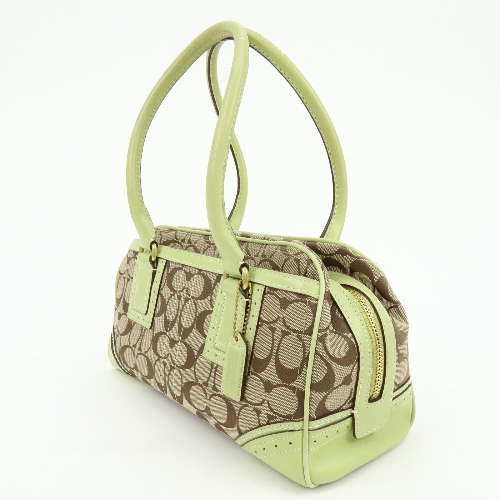 COACH Signature Canvas Leather Boston Hand Bag Light Brown Green