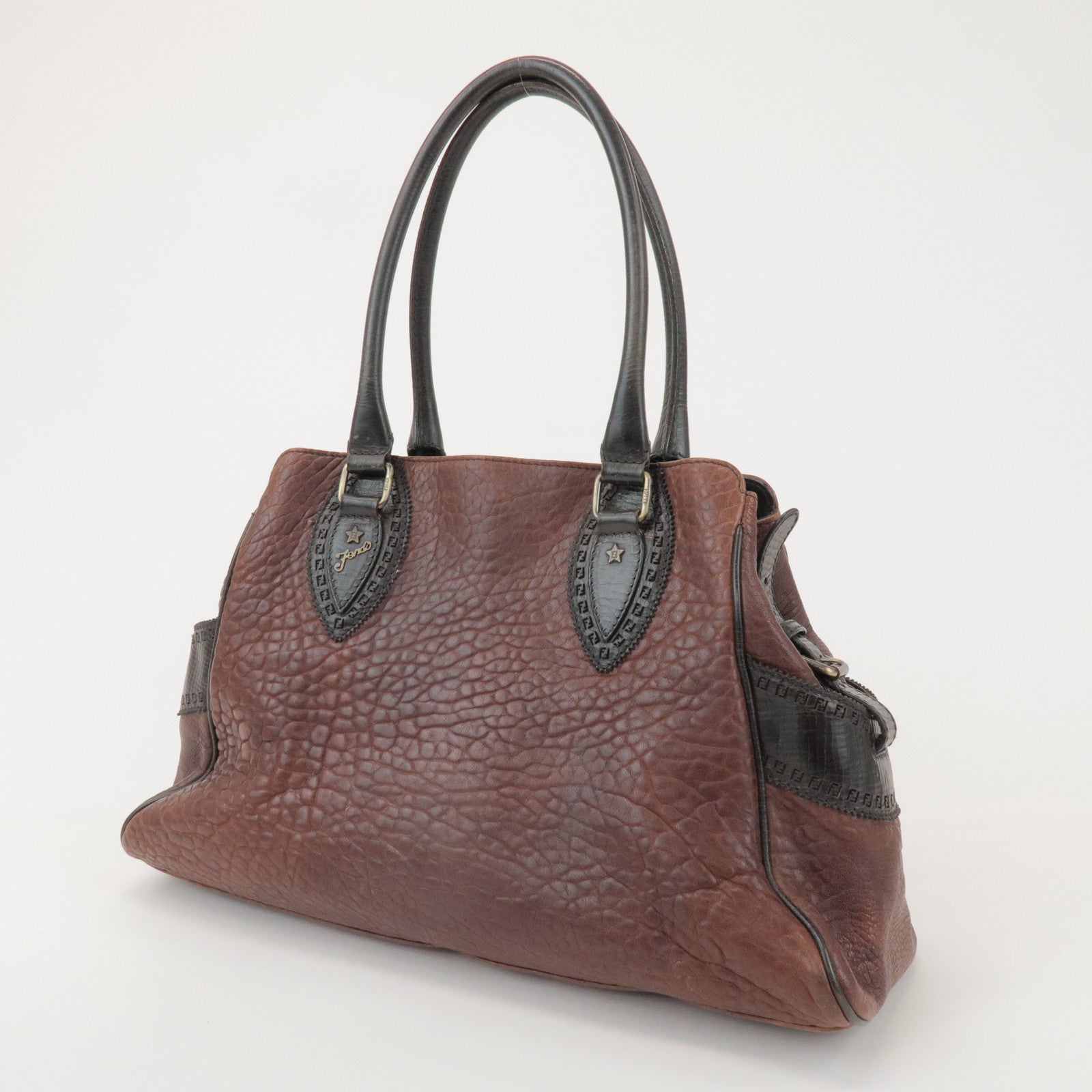 FENDI Etnico Leather Tote Bag Hand Bag Dark Brown 8BN162