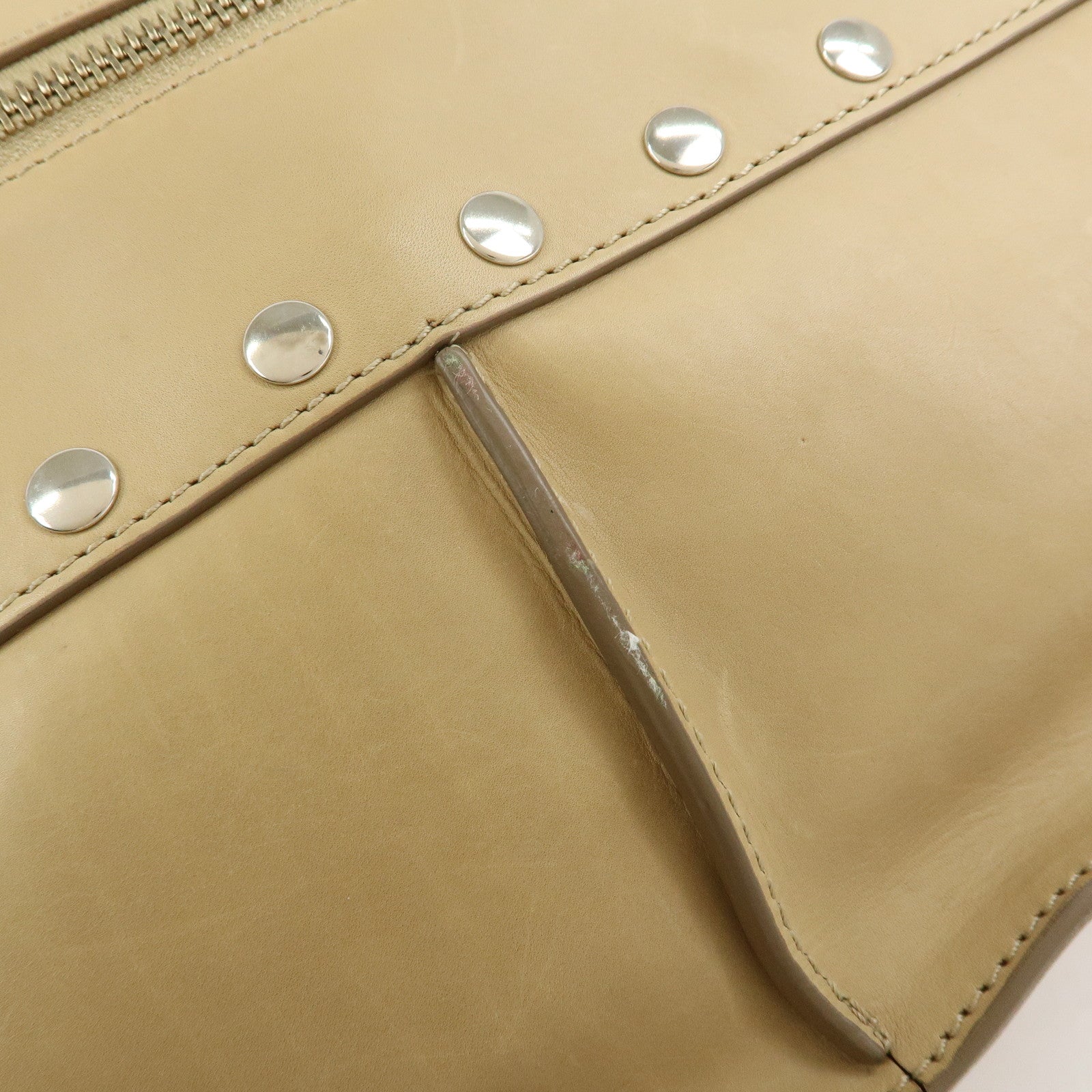 CELINE Leather Hand Bag Bowling Bag Beige Studs