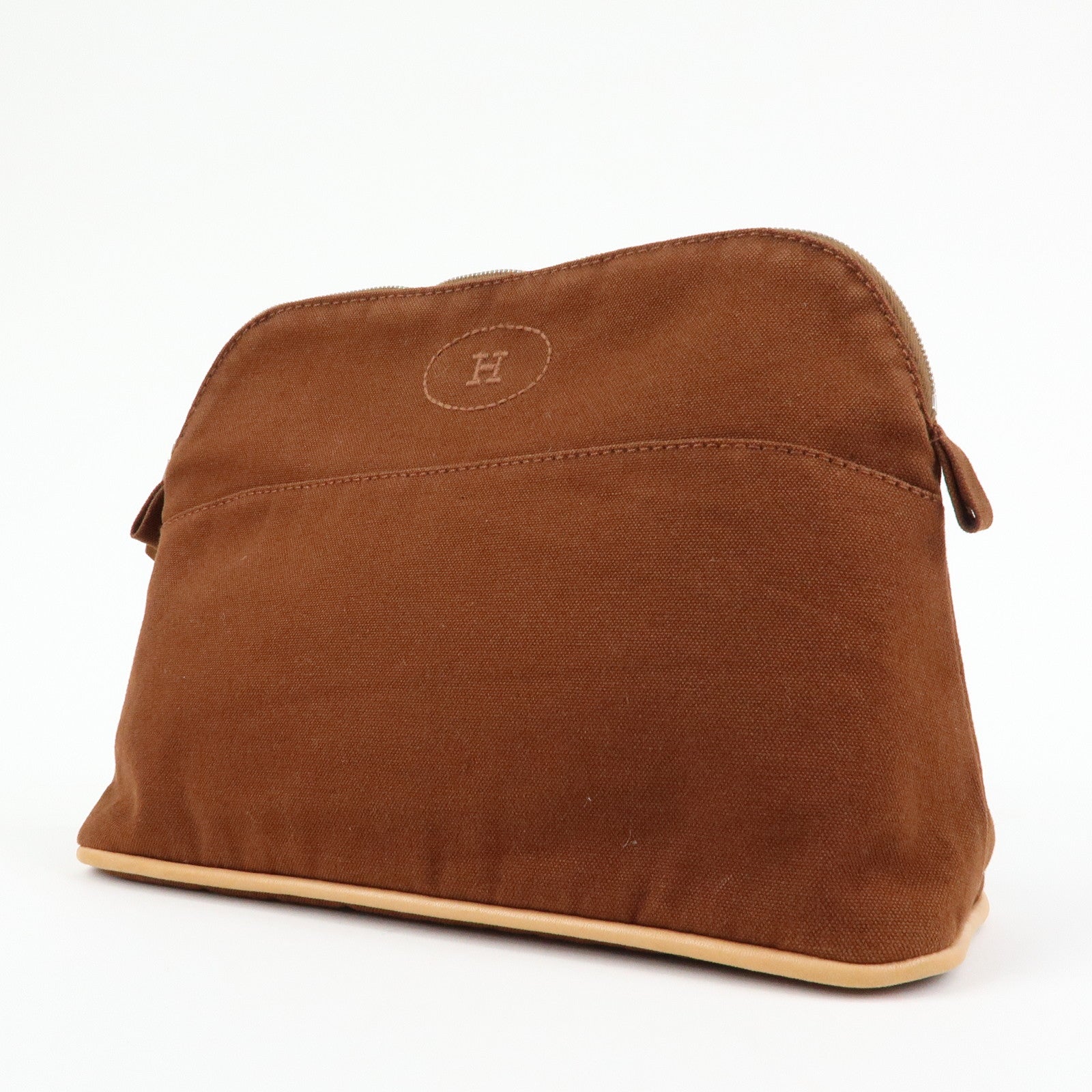 HERMES Bolide MM Cotton Leather Cosmetic Pouch Brown Beige
