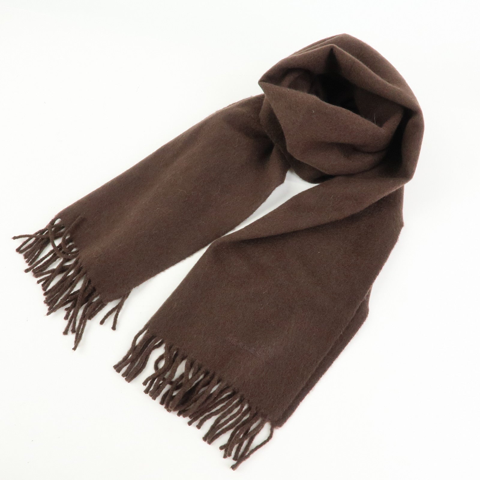 HERMES Logo Cashmere 100% Scarf Stole Fringe Dark Brown