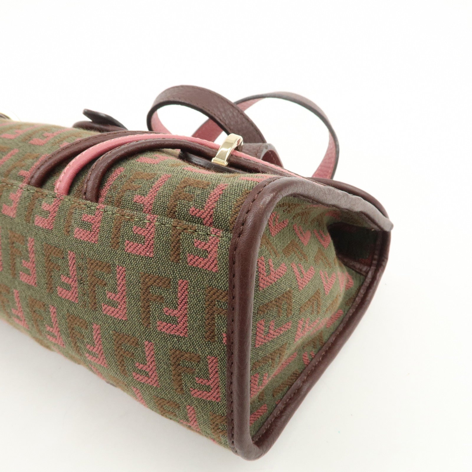 FENDI Zucchino Logo Canvas Leather Hand Bag Brown Pink 8BN147