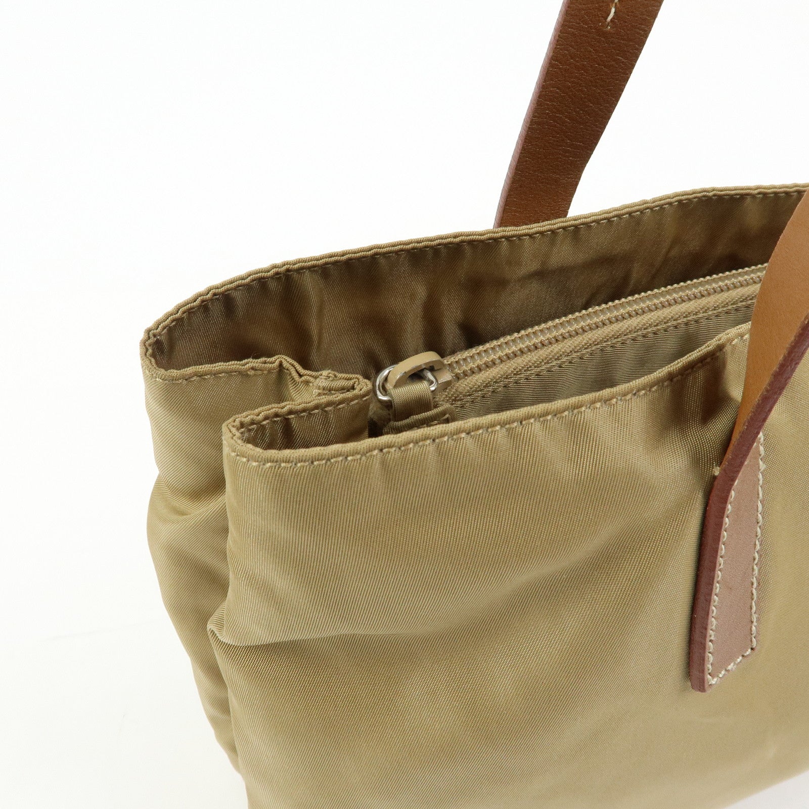 PRADA Triangle Logo Nylon Tote Bag Hand Bag Khaki Beige Brown