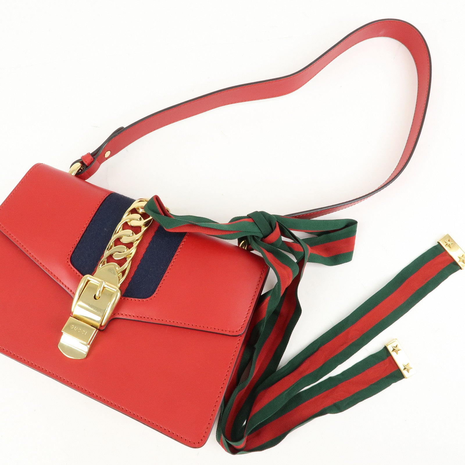 GUCCI Sylvie Sherry Leather Shoulder Bag Ribbon Red Navy 421882