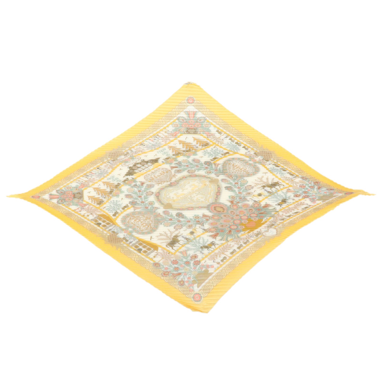 HERMES Pleated Carre 90 Silk 100% Scarf DECOUPAGES Yellow Orange