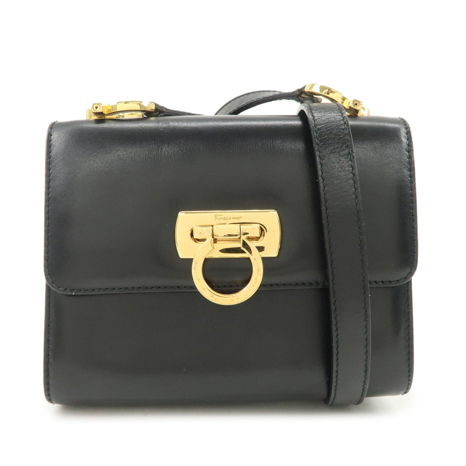 Ferragamo Gancini Leather Shoulder Bag Black