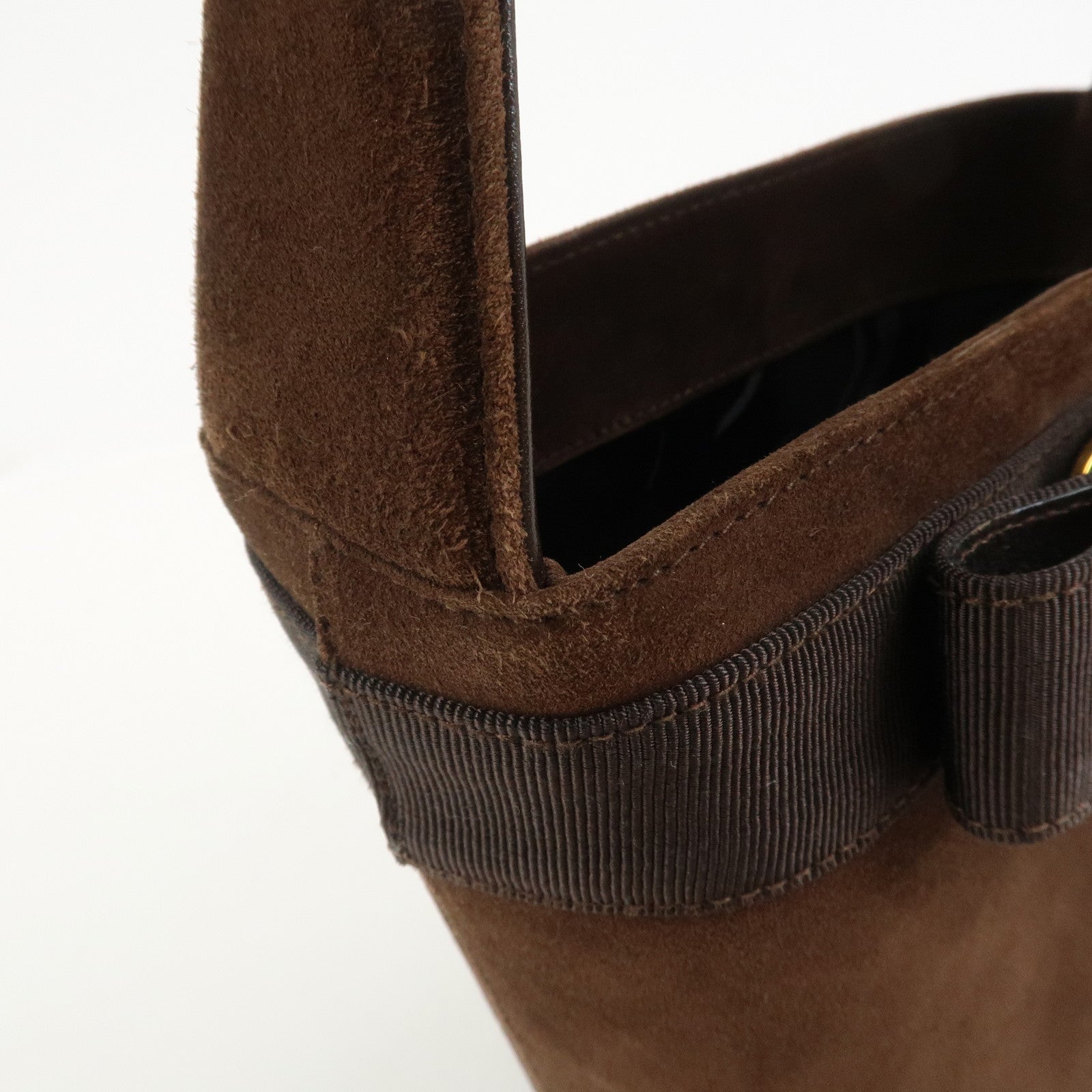 Ferragamo Vara Ribbon Suede Leather Hand Bag Brown Gold