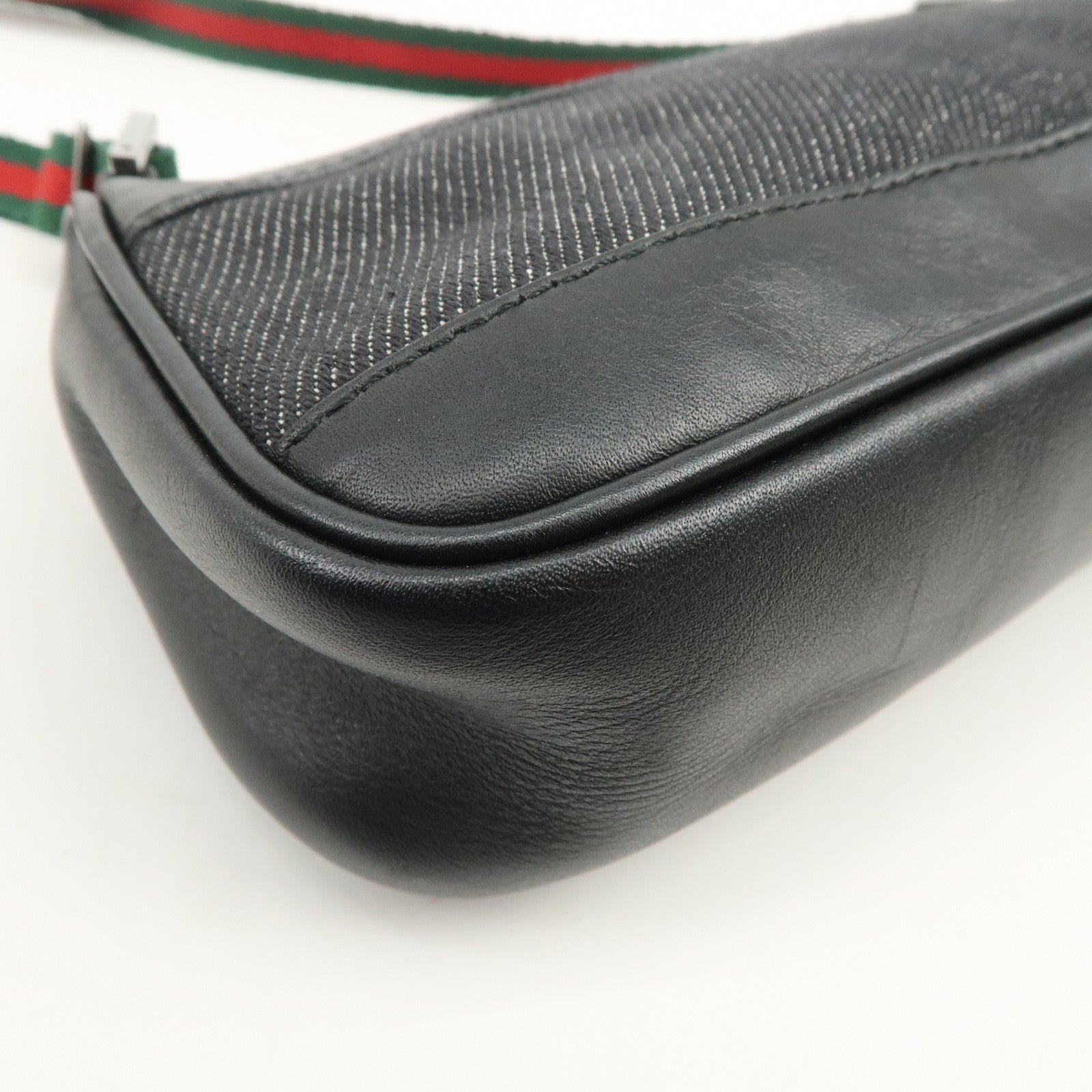 GUCCI Sherry Leather Denim Accessory Pouch Hand Bag Black 92820