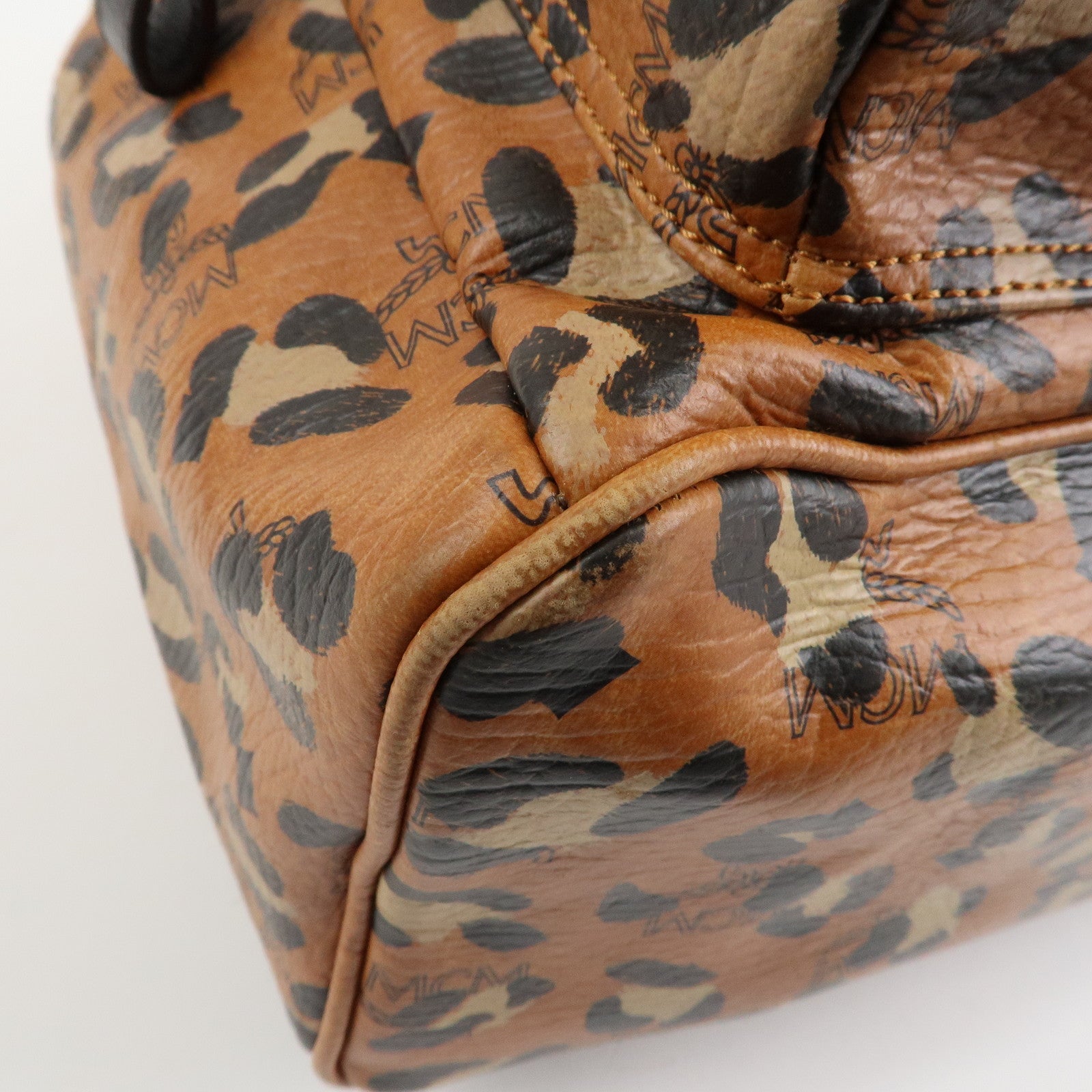 MCM Visetos Leather Leopard Back Pack Black Beige Brown Gold HDW Used