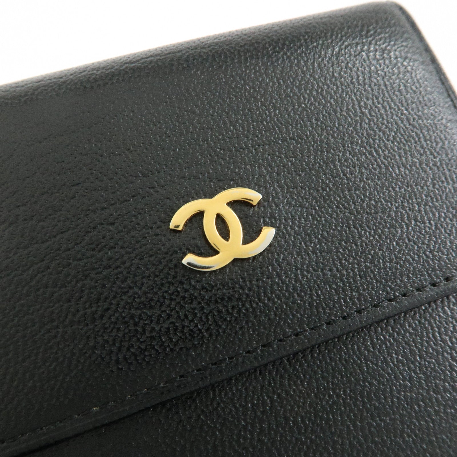 CHANEL COCO Mark Lamb Skin Tri-fold Compact Wallet Black A13456