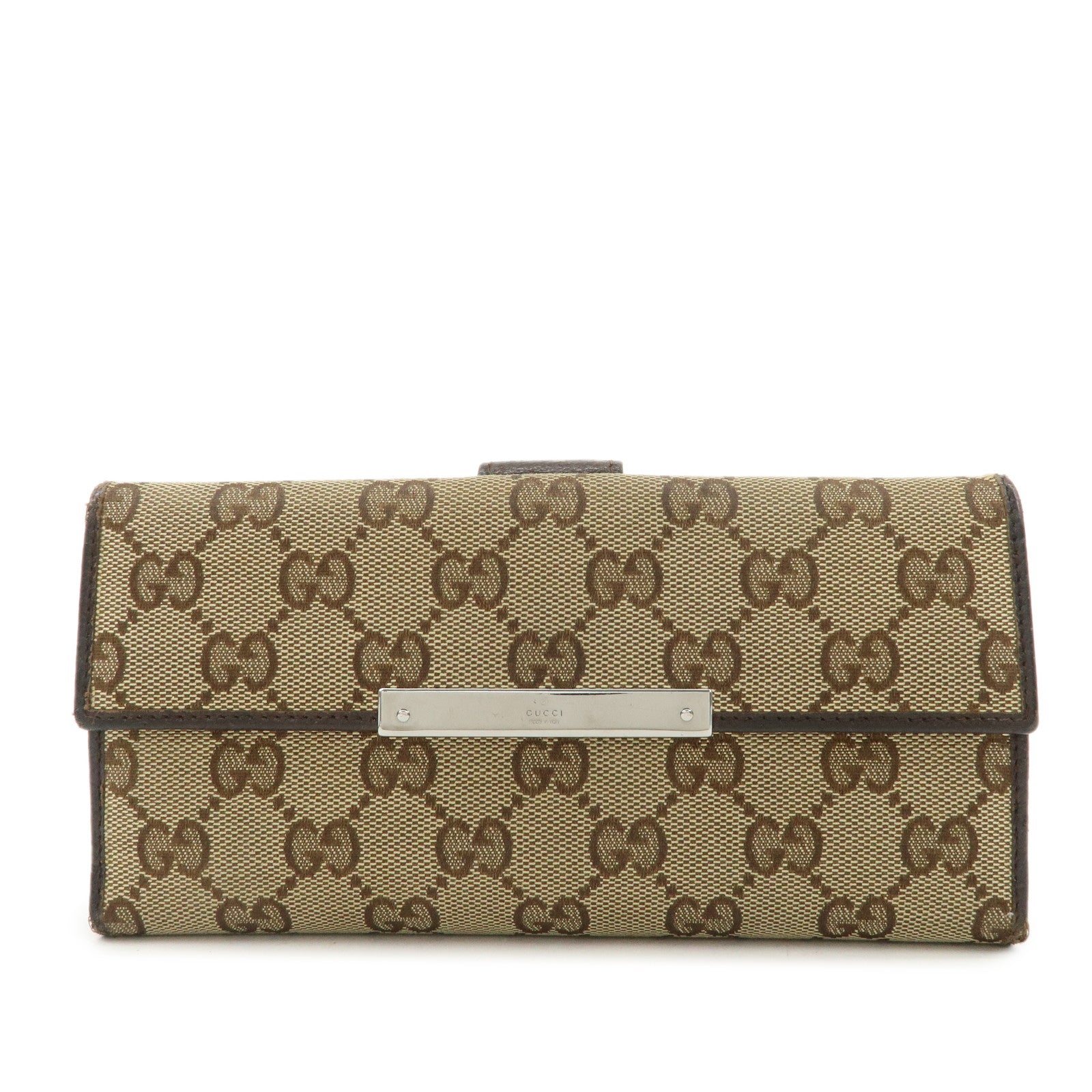 GUCCI GG Canvas Leather Bi-fold Long Wallet Dark Brown 112715 Used