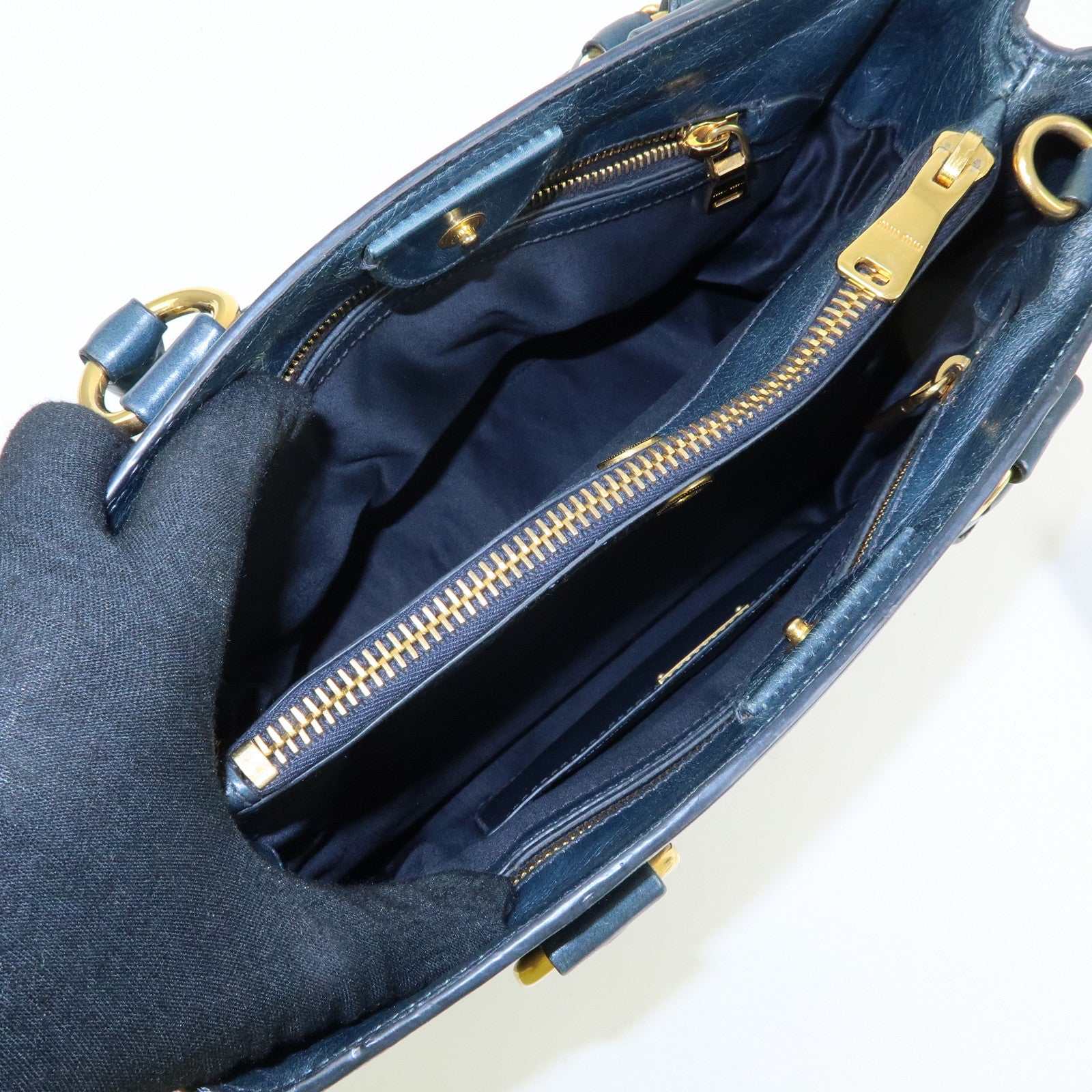 MIU MIU Logo Leather 2Way Bag Hand Bag Shoulder Bag Navy