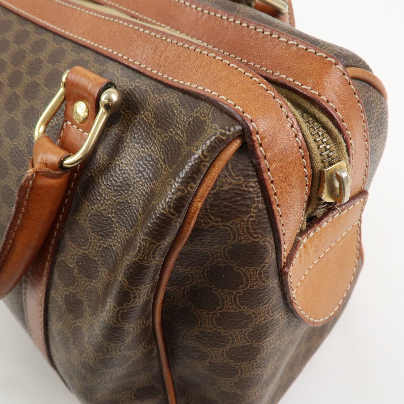 CELINE Macadam PVC Coating Canvas Leather Boston Bag Brown