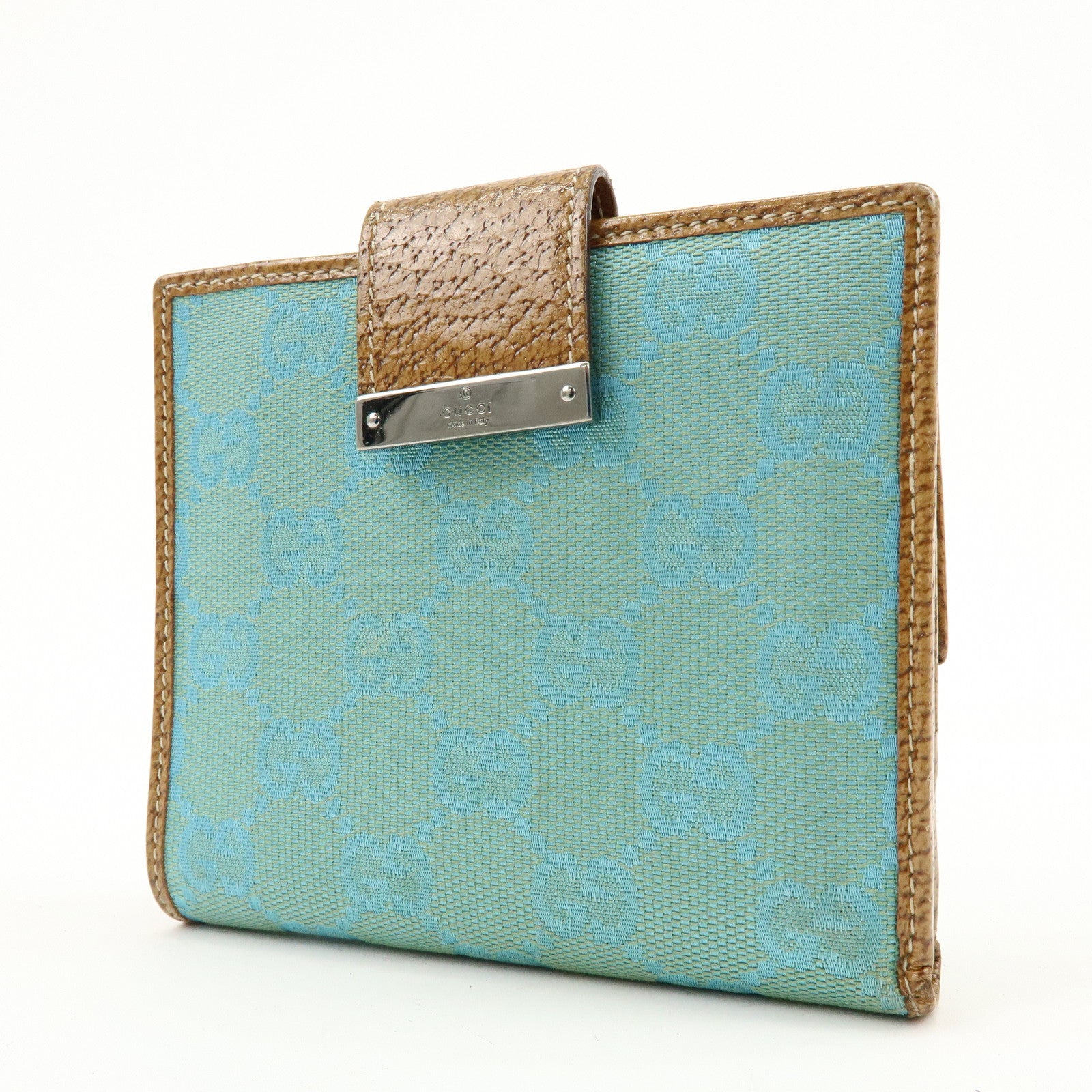 GUCCI GG Canvas Leather Compact Wallet Light Blue Brown 115090