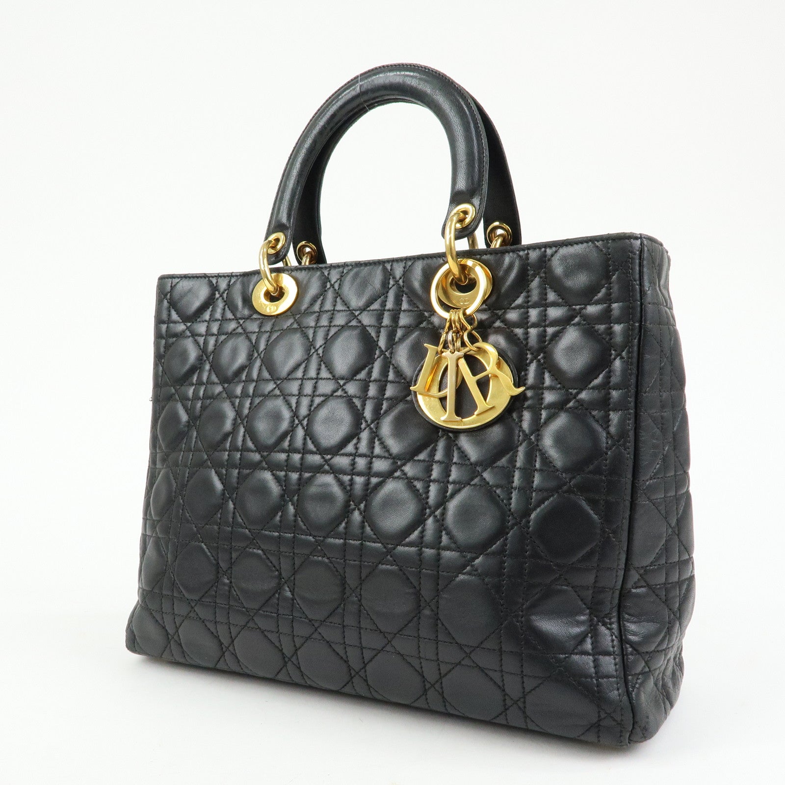 Christian Dior Canage Lady Dior Lamb Skin Hand Bag Black