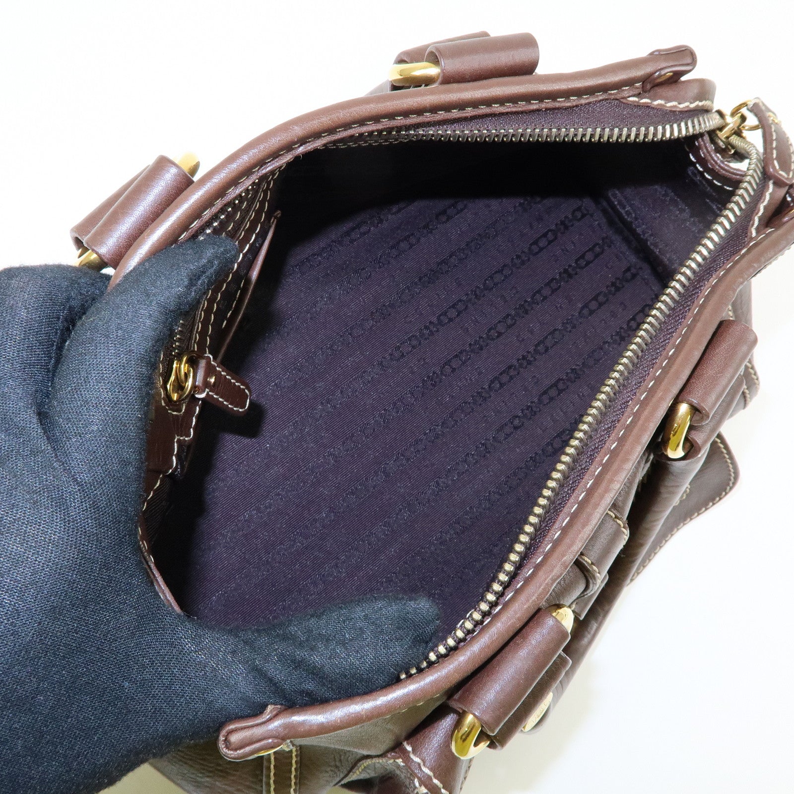 CELINE Logo Leather Hand Bag Mini Boston Bag Dark Brown