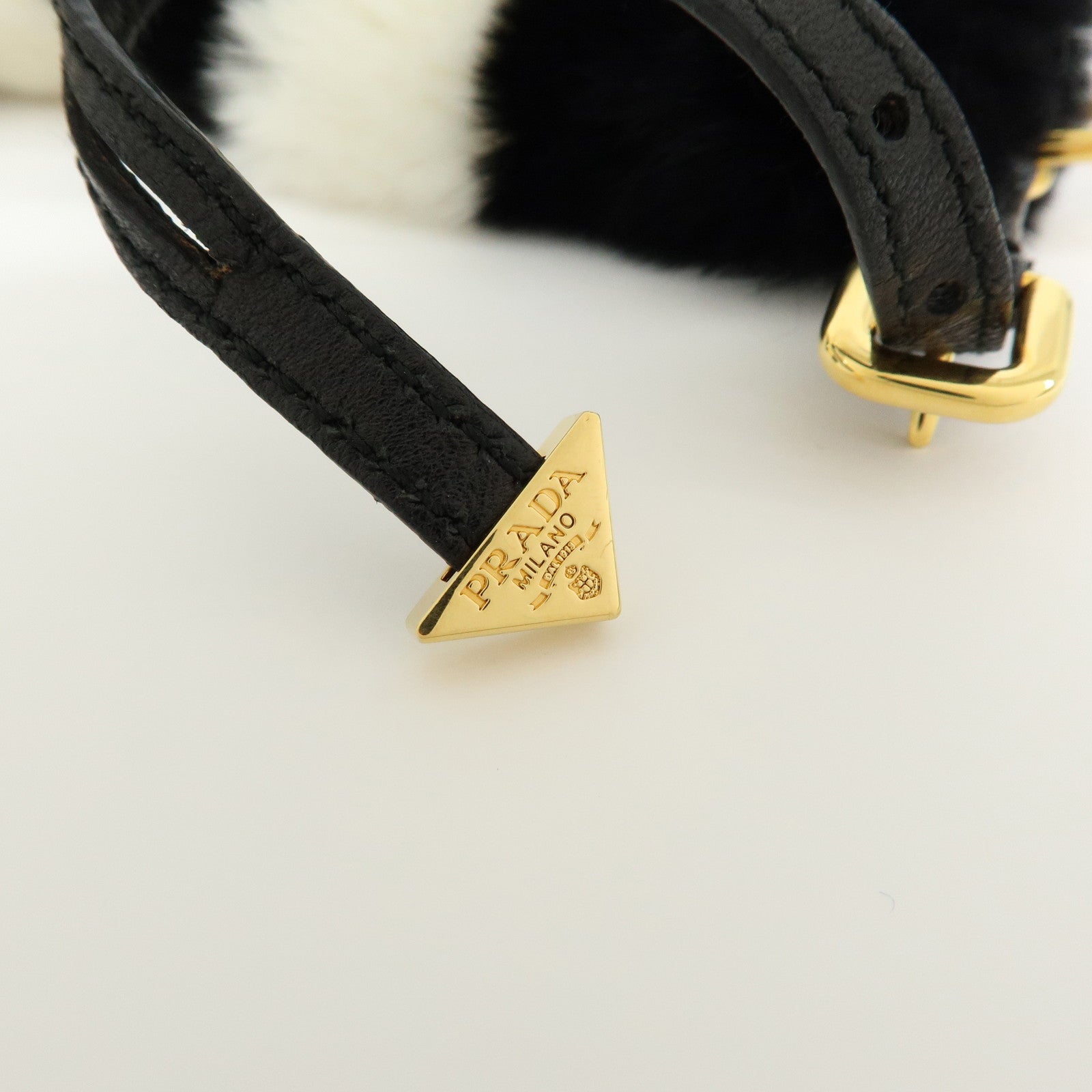 PRADA Triangle Logo Lapin Leather Bag Charm Key Charm Black White