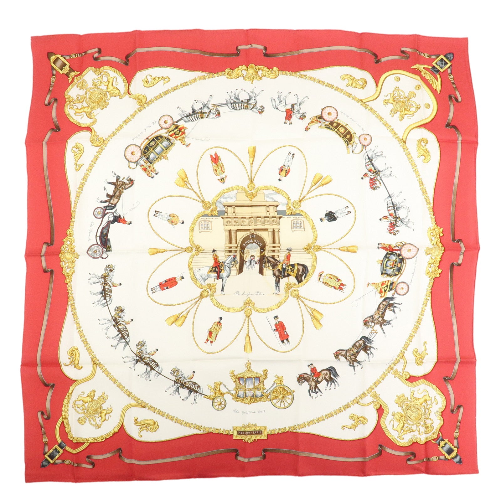 HERMES Carre 90 Silk 100% THE ROYAL MEWS Scarf Red White