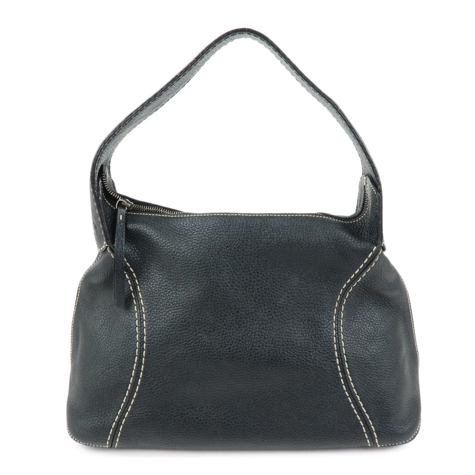 TOD'S Logo Stitches Leather Shoulder Bag Hand Bag Black