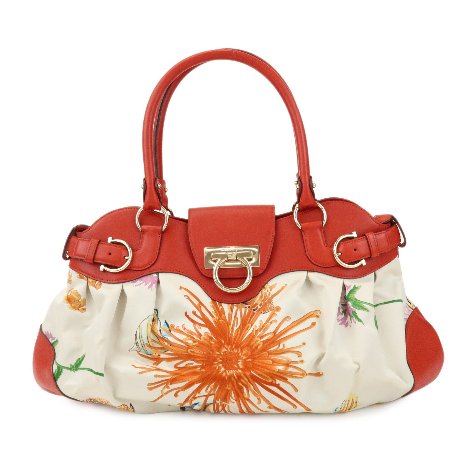 Ferragamo Gancini Logo Satin Leather Shoulder Bag Hand Bag Ivory