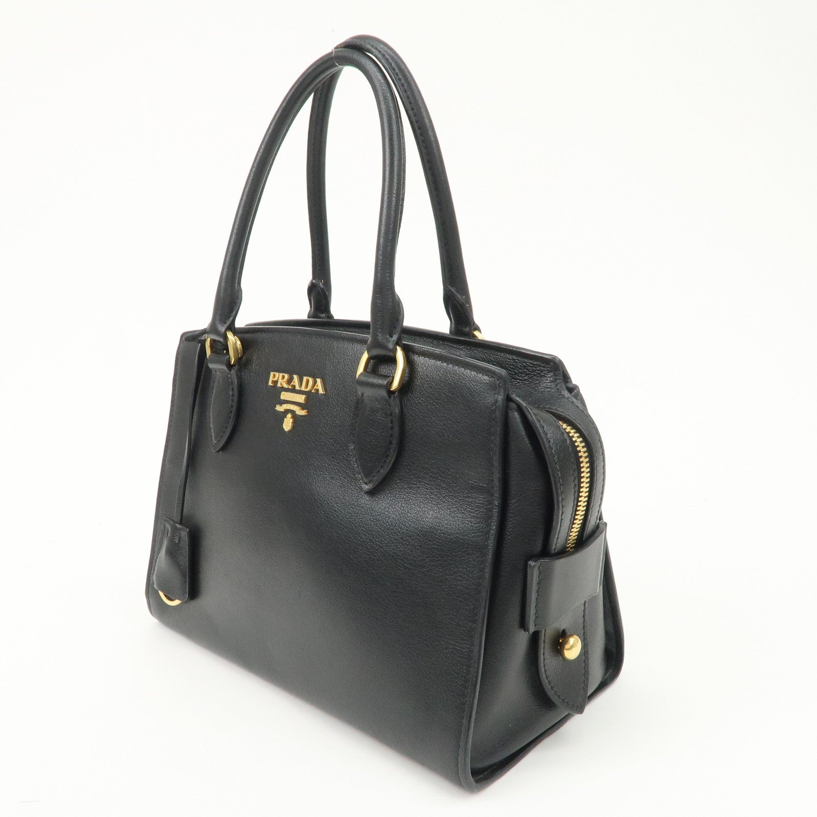 PRADA Leather 2Way Bag Hand Bag Black Gold Hardware Used