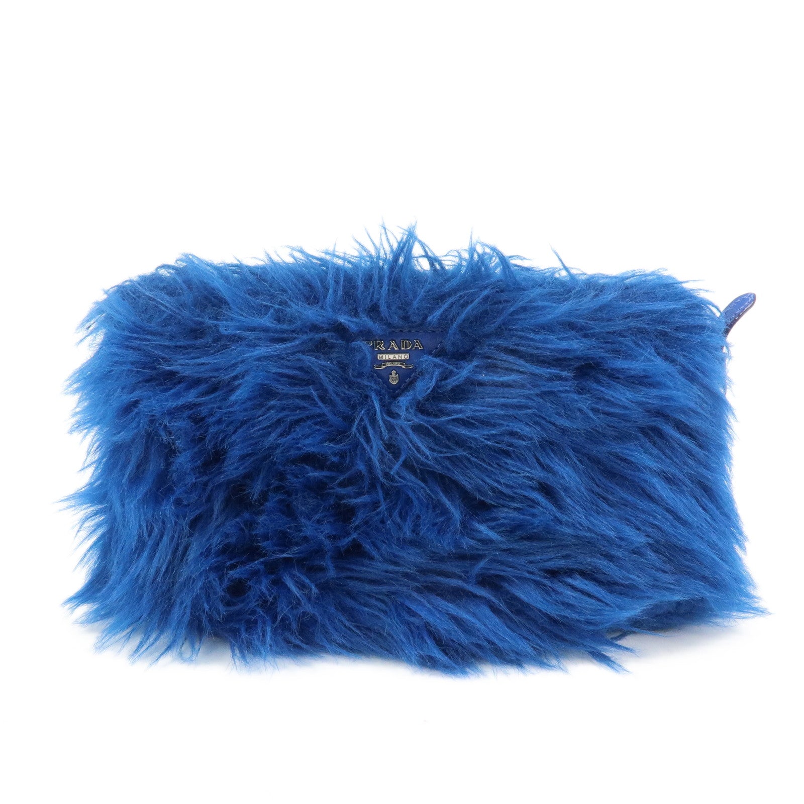 PRADA Triangle Logo Faux Fur Clutch Bag Flat Pouch Blue 1N1530
