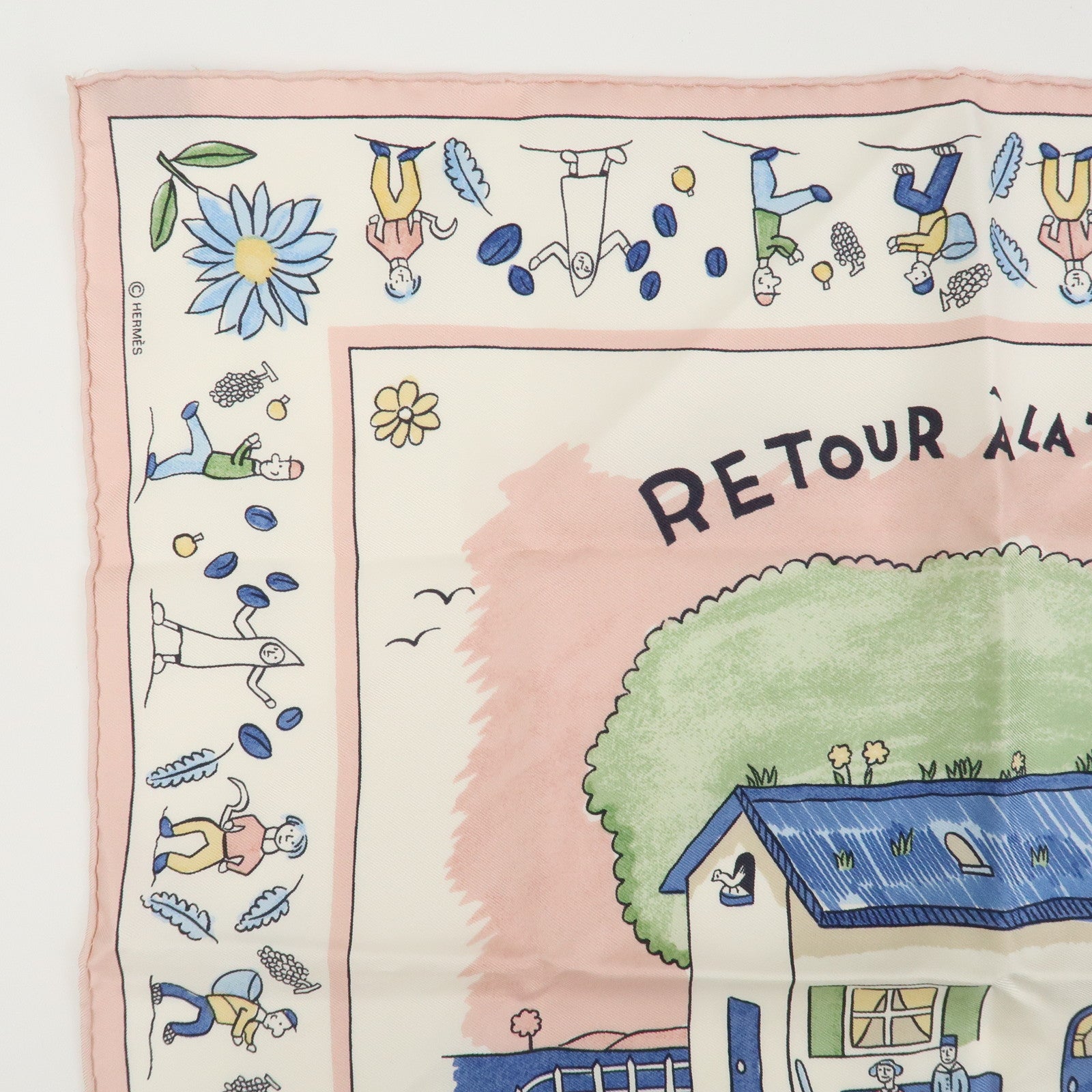HERMES Carré45 RE TOUR A LA TERRE Scarf Silk 100% Ivory Pink